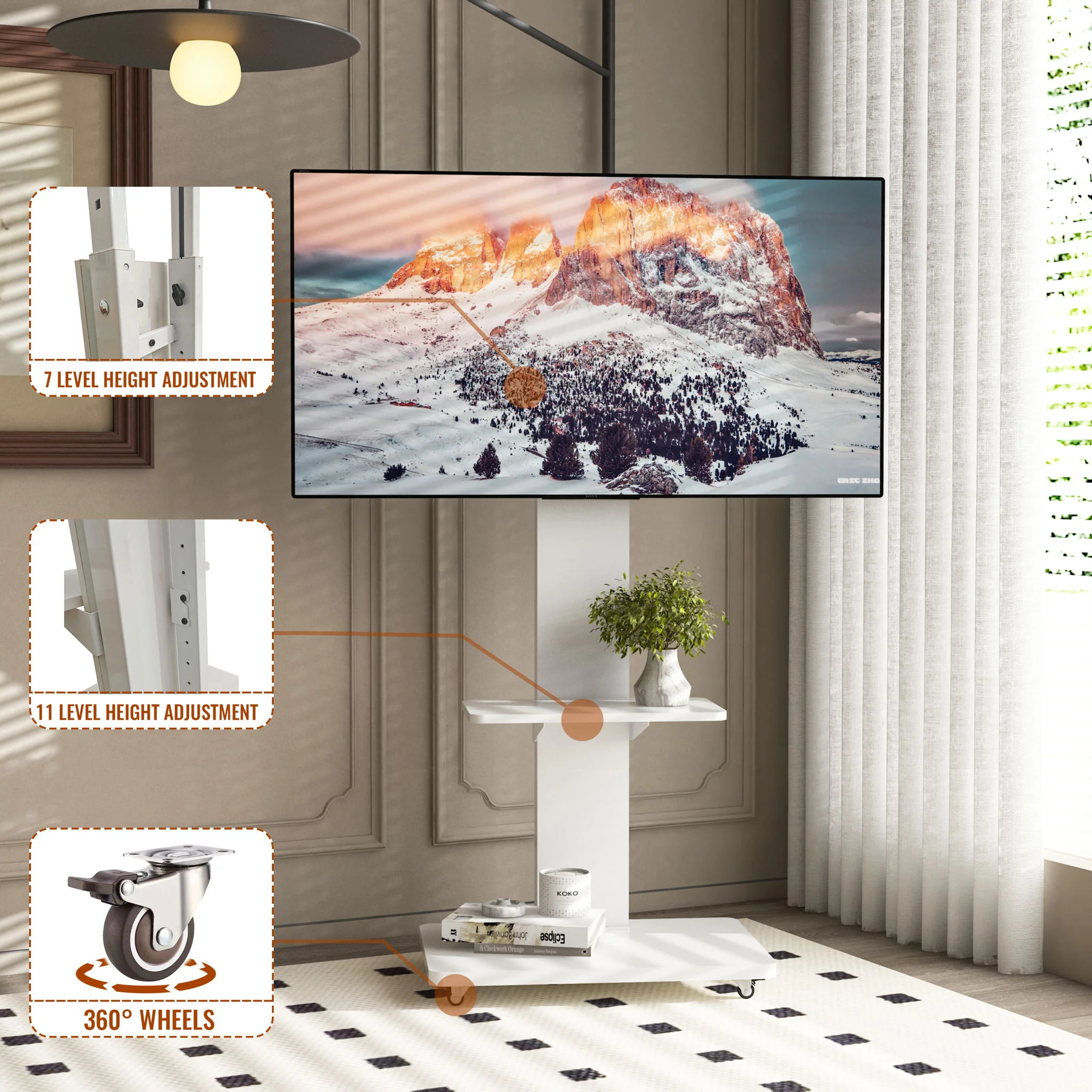 Mobile TV Stand With Shelf Floor Mount Cart For TVs With Lockable Wheels Ideal For Living Room Bedroom Or Office - White - Image 3