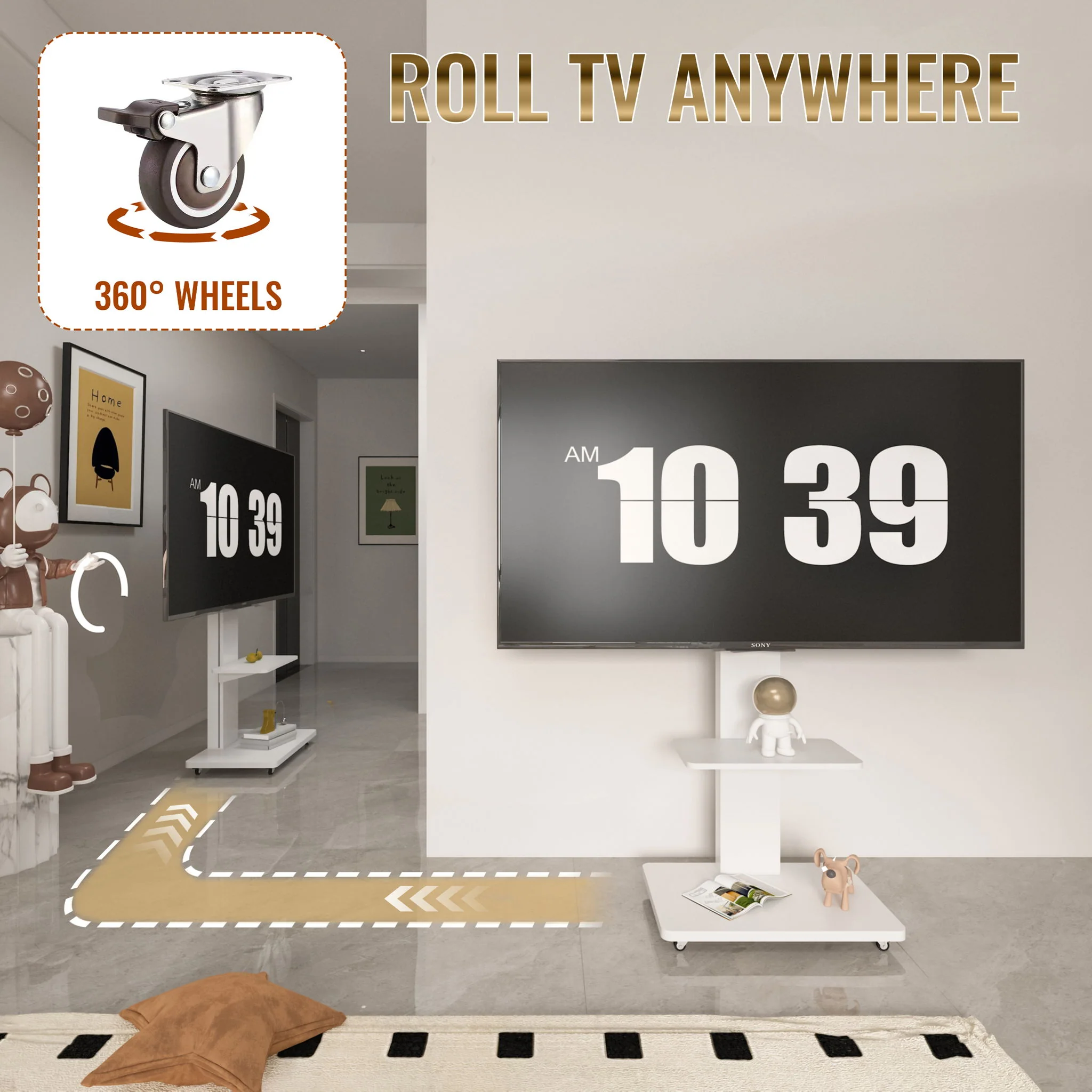 Mobile TV Stand With Shelf Floor Mount Cart For TVs With Lockable Wheels Ideal For Living Room Bedroom Or Office - White - Image 6