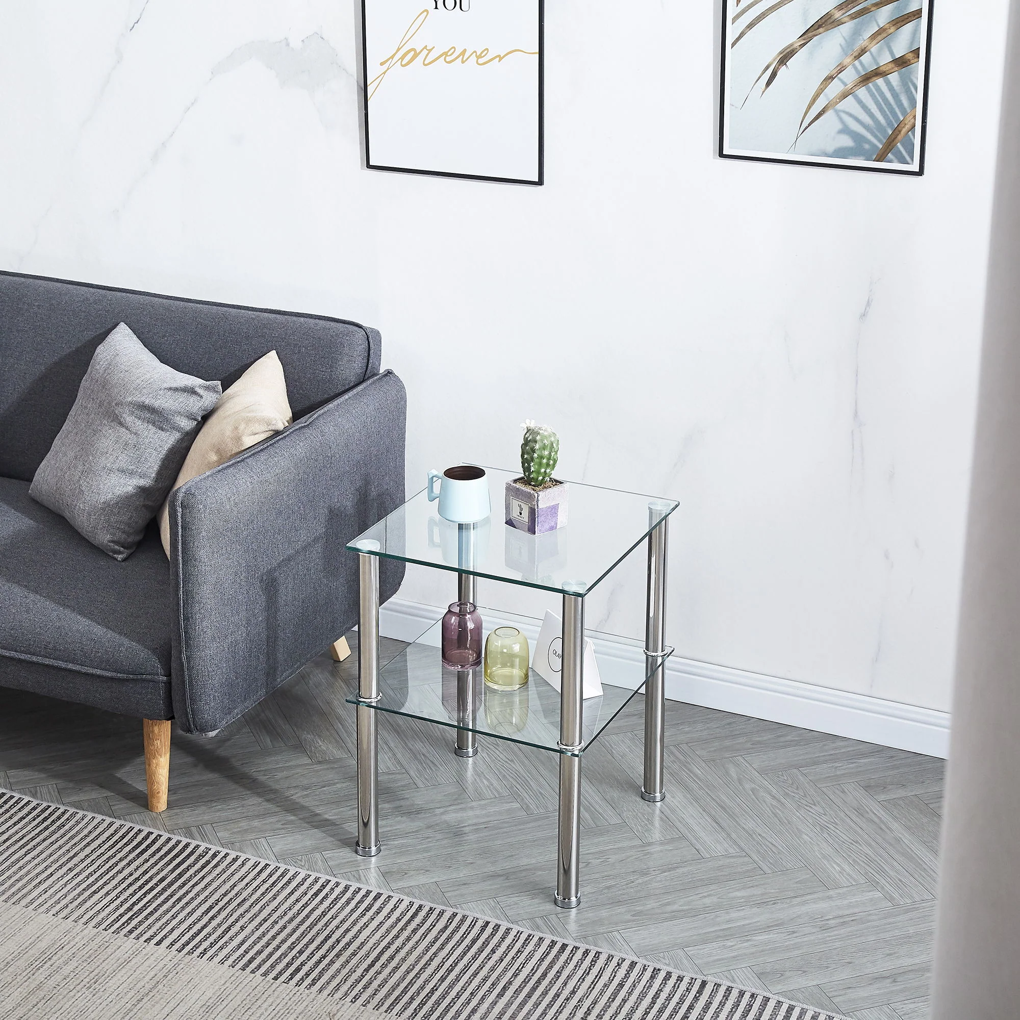 Modern 2 Piece Side Table With Storage Shelf, Tempered Glass, Space Saving Design - Clear - Image 6