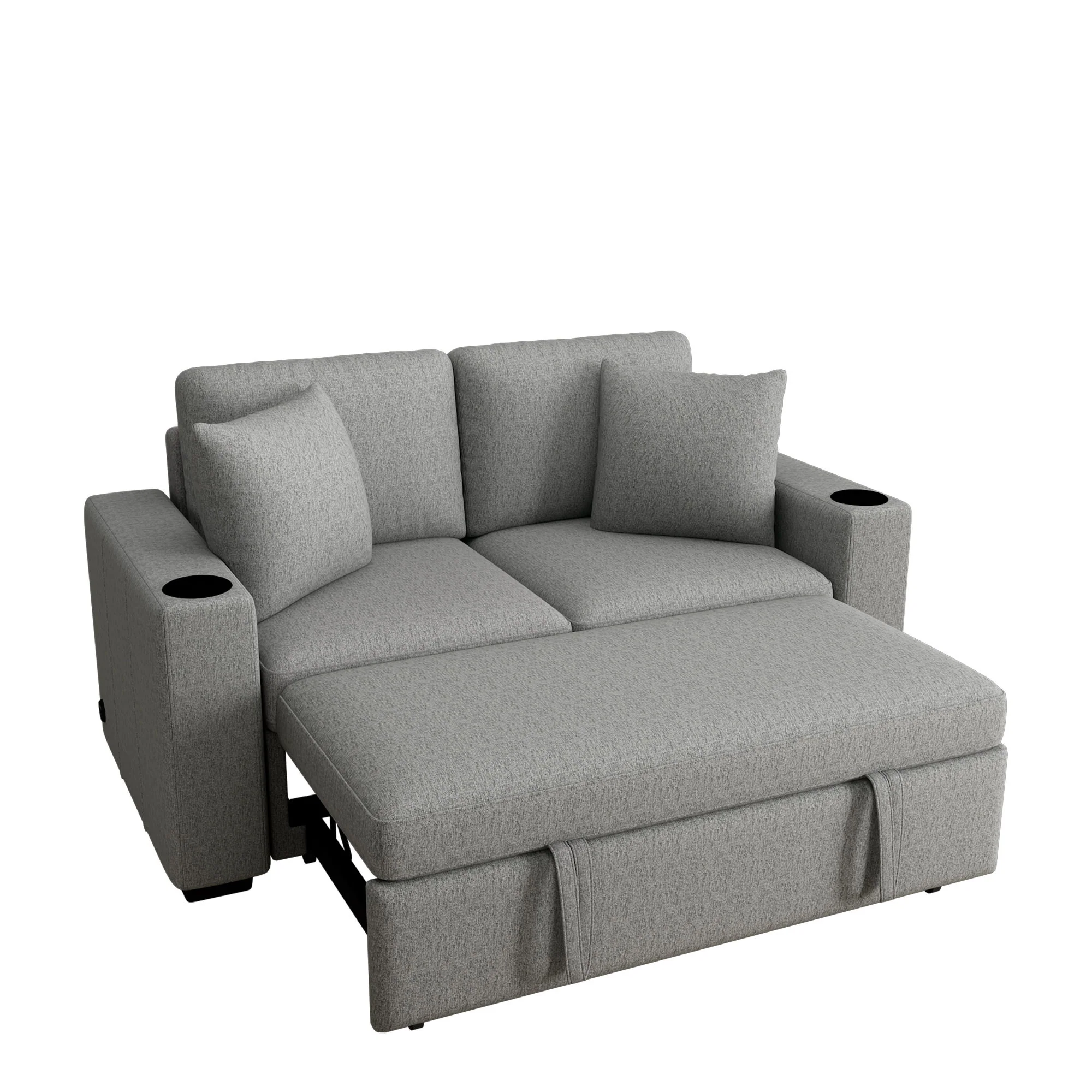 Modern 2 Seater Loveseat Sofa With Pull-Out Bed, Fabric, Built-In USB Ports & Cup Holders - Image 9