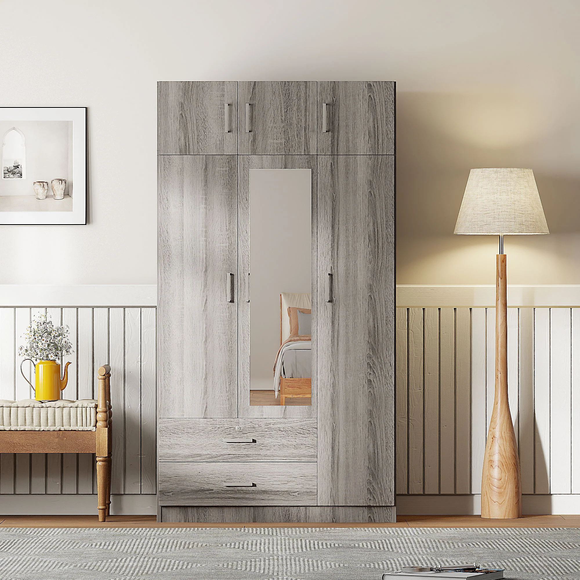 Modern 3 Door Mirror Wardrobe With 2 Drawers And Top Cabinet - Image 5