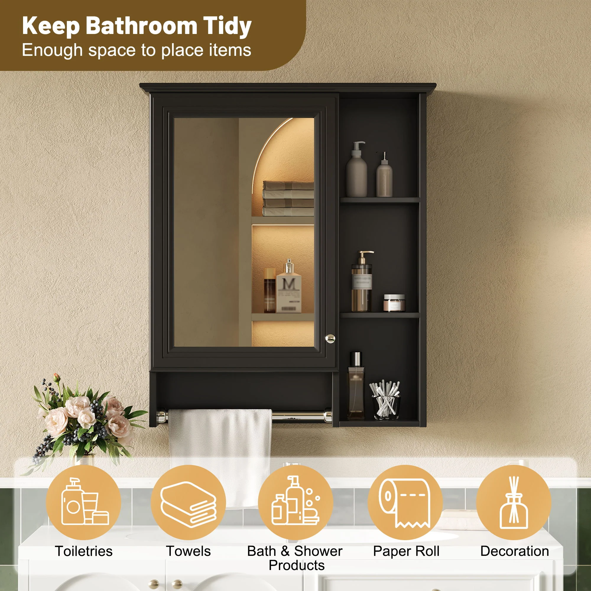 Modern 3 In 1 Bathroom Mirror Cabinet With Adjustable Shelf & Towel Bar - Image 3