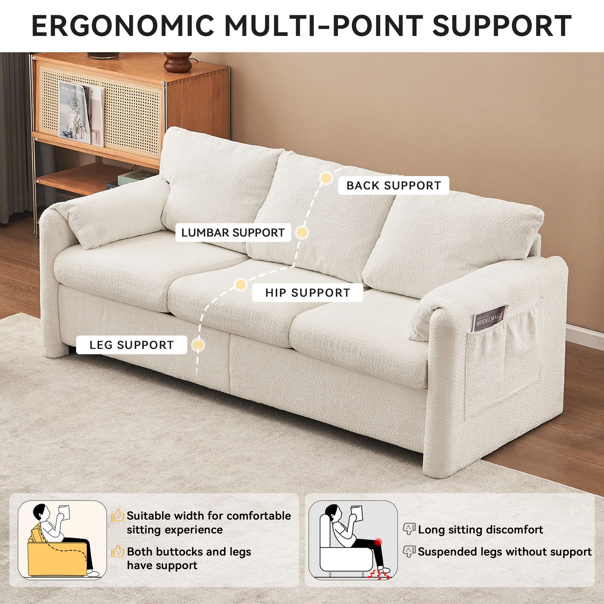Modern 3 Seater Sofa Chenille Couch Plush Triple Seater Sofa With High Density Foam Cushions, Deep Seat Living Room Couch For Family Room, Apartment & Home Theater - Ivory White - Image 2
