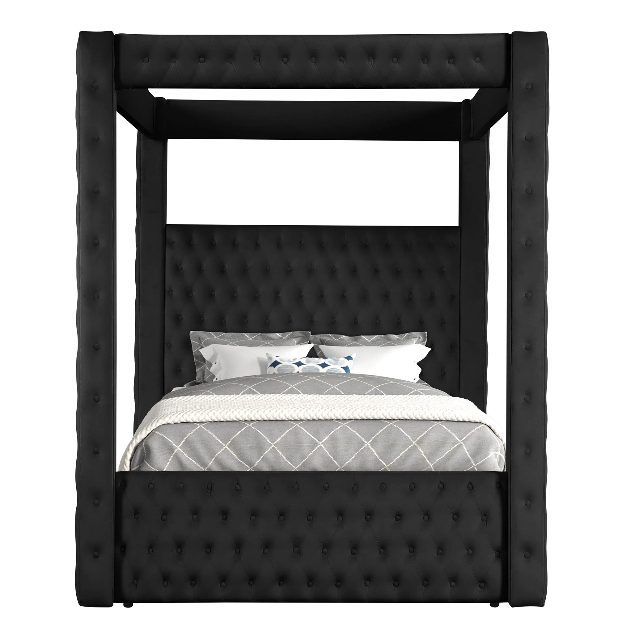 Modern 4 Poster Bed With Tufted Headboard And Footboard - Image 4