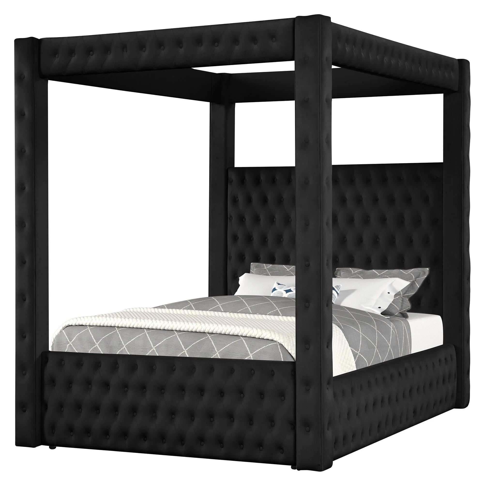 Modern 4 Poster Bed With Tufted Headboard And Footboard - Image 6