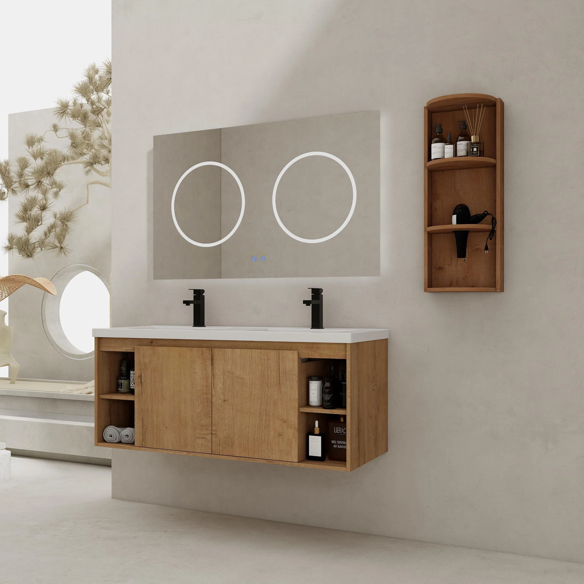 Modern 48" Wall Mounted Bathroom Vanity With Double Resin Sink And Storage Rack Soft Close Doors - Imitative Oak - Image 4