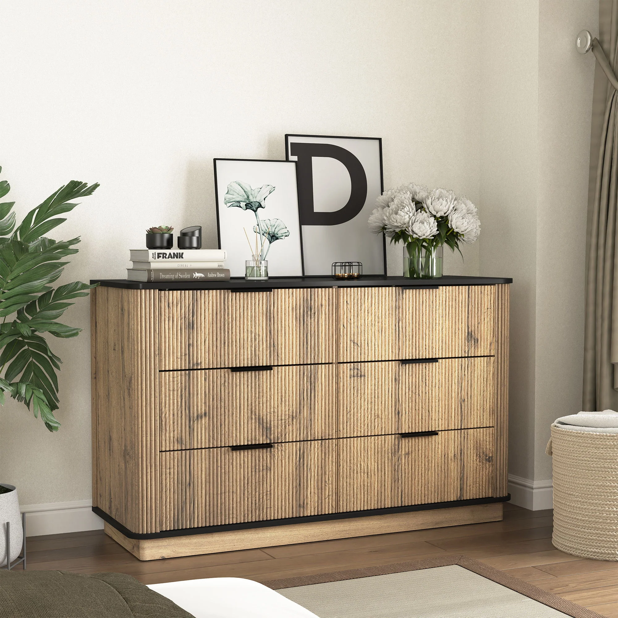 Modern 6 Drawer Cabinet With Metal Rounded Corners And Exquisite Handles Multi Functional Storage - Natural Wood - Image 8
