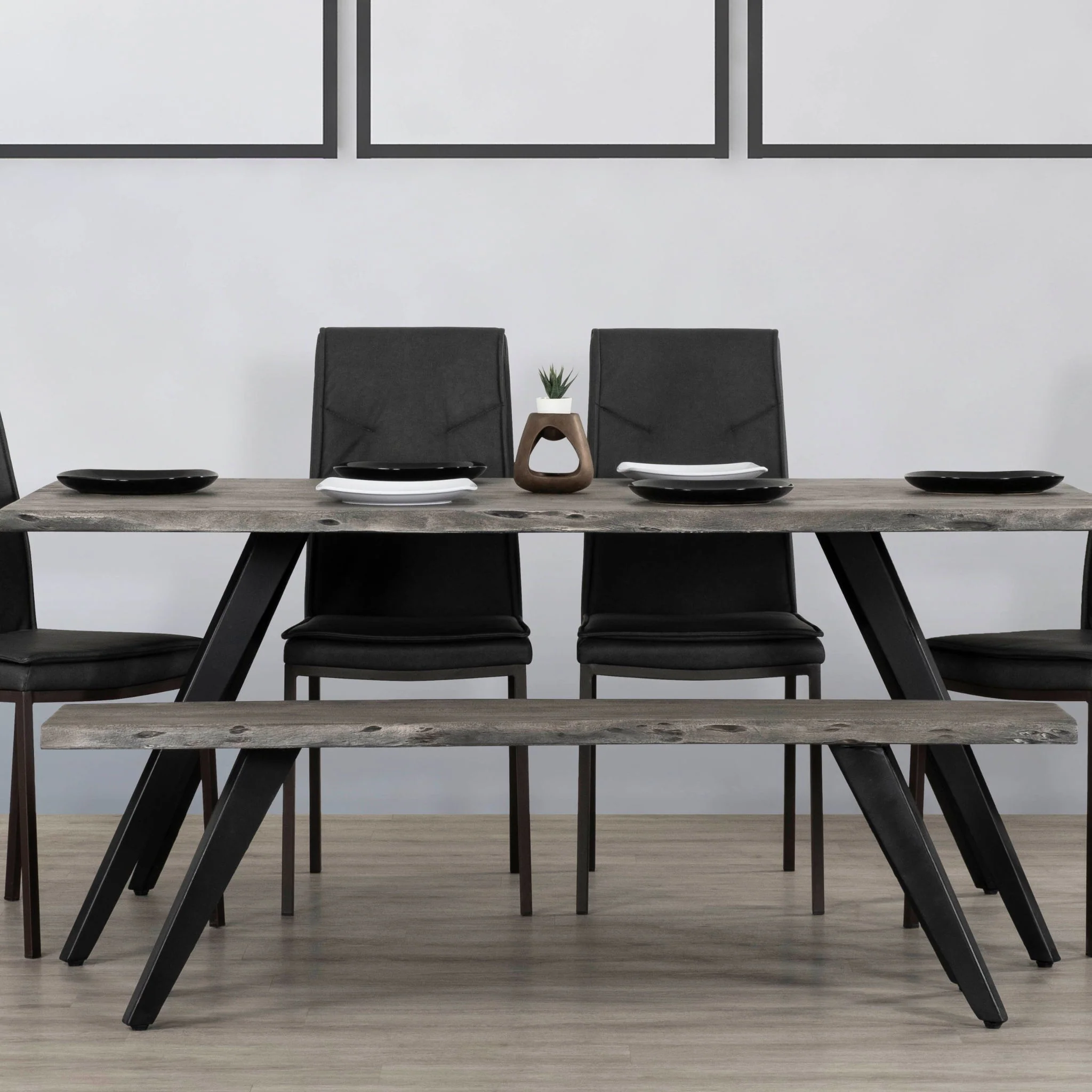 Modern Acacia Wood Dining Bench, Live Edge Design Accent Bench With Iron Legs - Black / Gray - Image 5