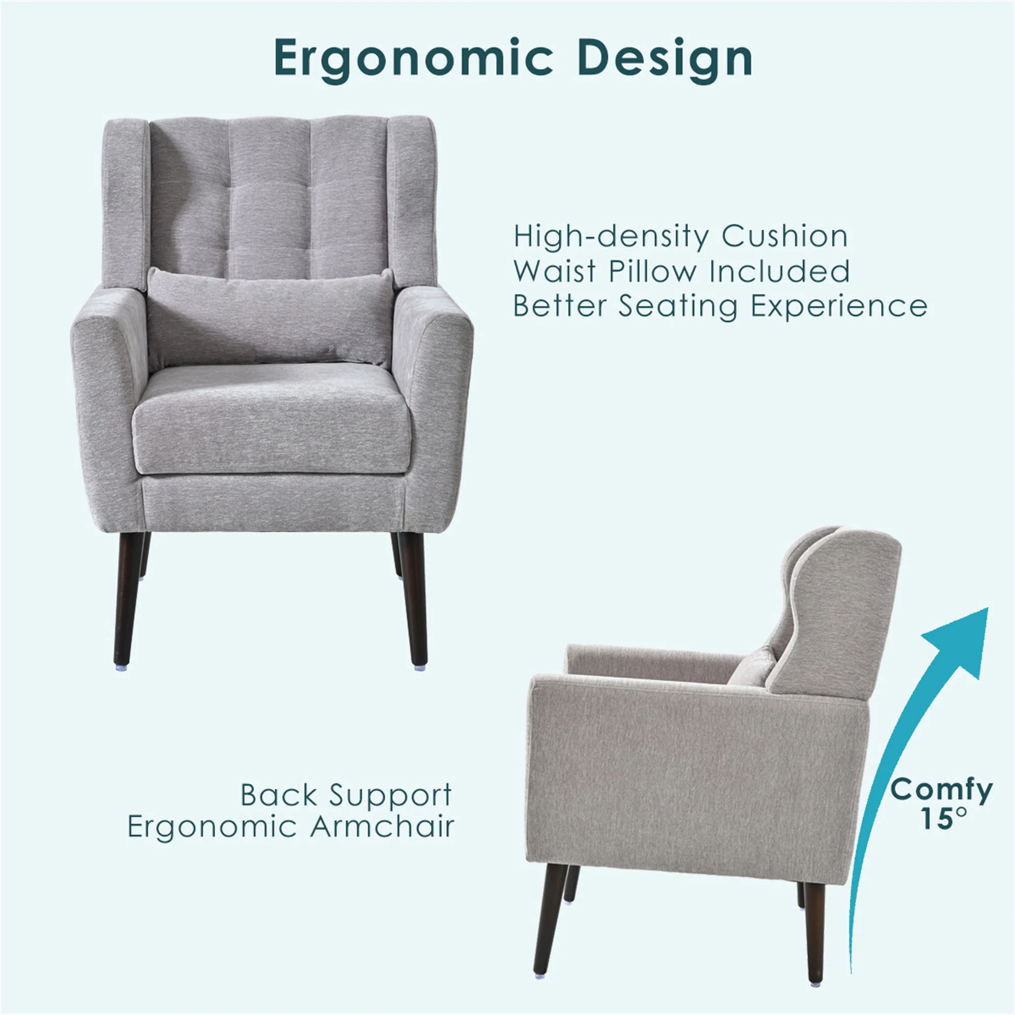 Modern Accent Chair, Arm Chairs For Living Room, Upholstered Mordern Armchair, Comfy Soft Padded Lounge Chair In Small Space, Bedroom, With Pillow, Solid Wood Leg - Image 14