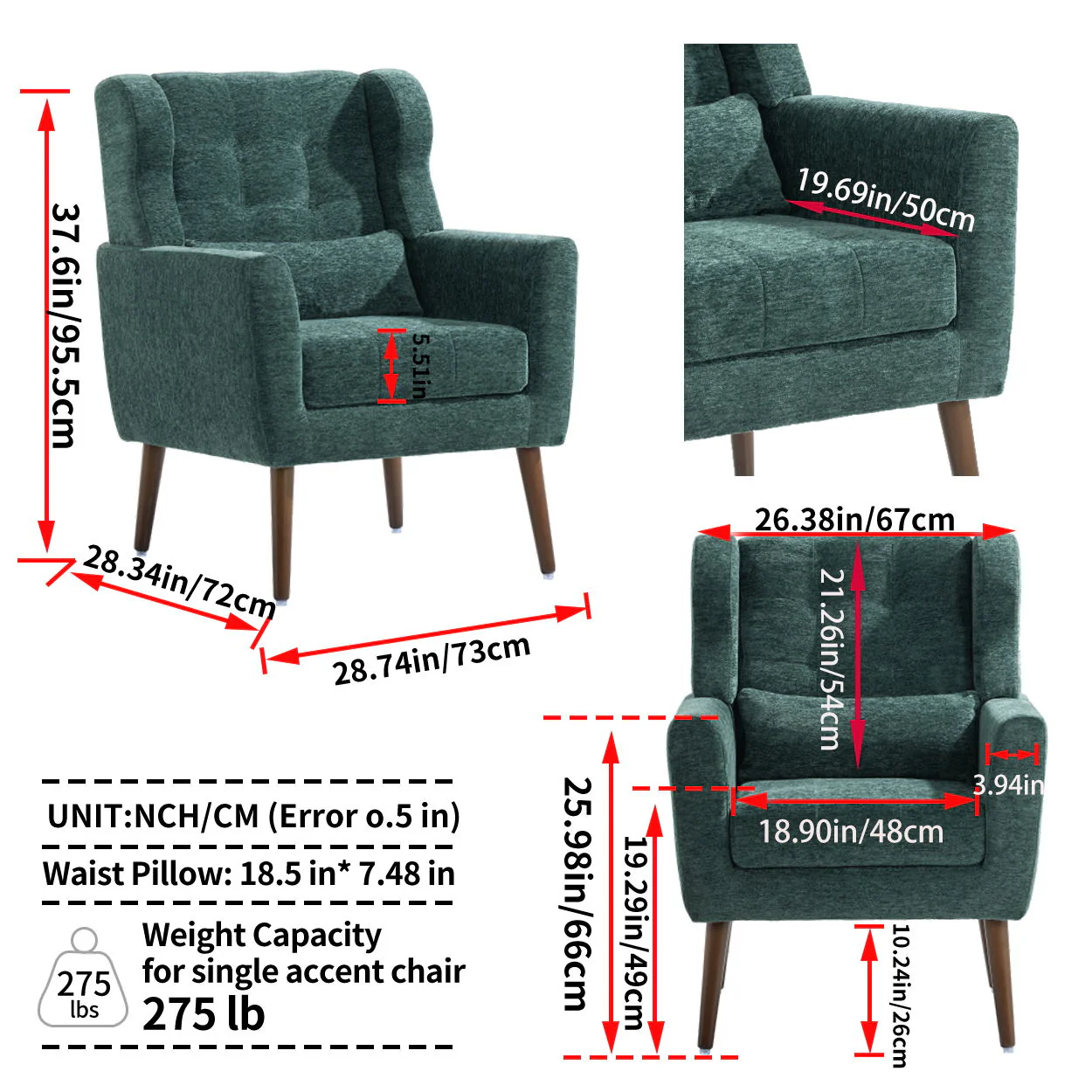 Modern Accent Chair, Arm Chairs For Living Room, Upholstered Mordern Armchair, Comfy Soft Padded Lounge Chair In Small Space, Bedroom, With Pillow, Solid Wood Leg - Image 38