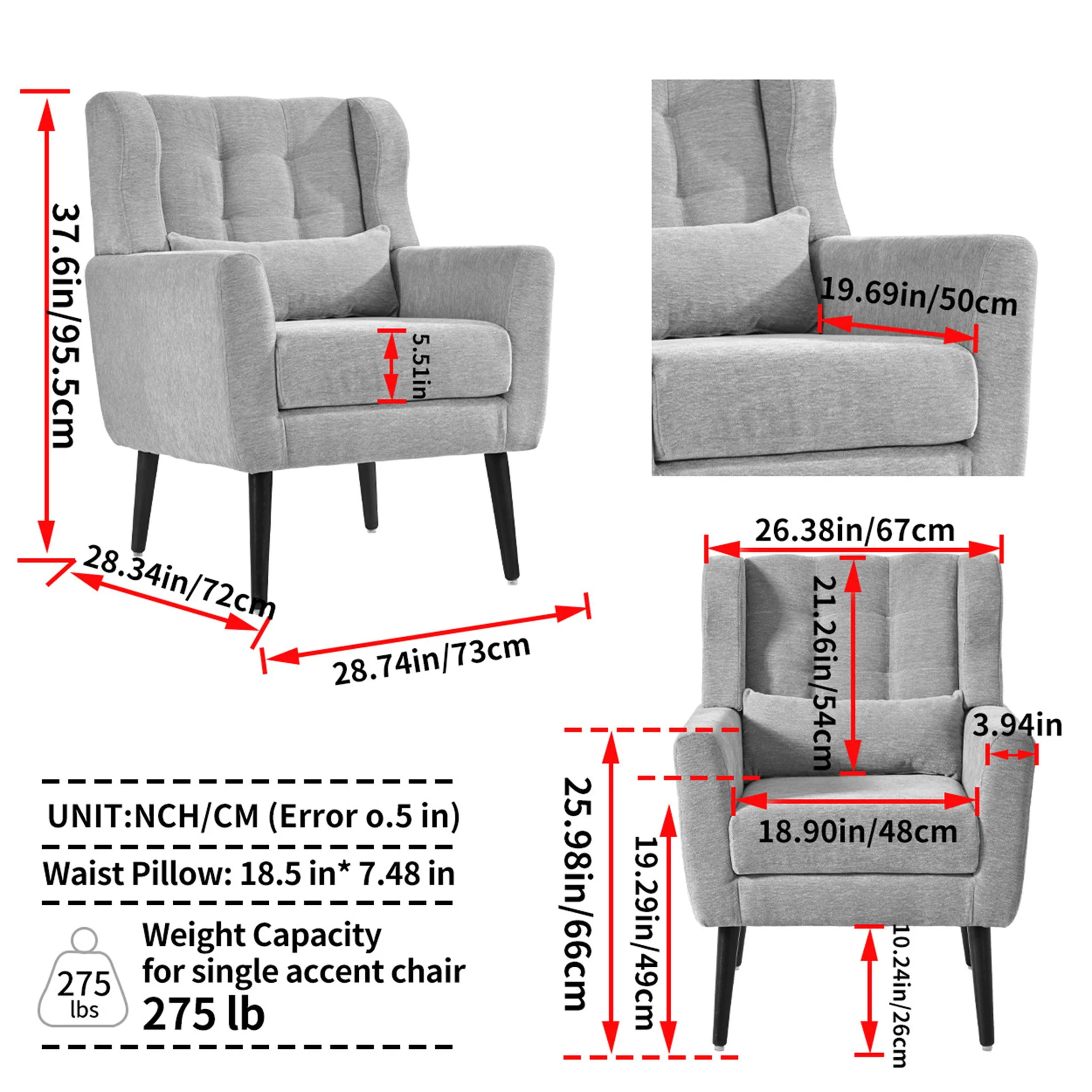 Modern Accent Chair, Arm Chairs For Living Room, Upholstered Mordern Armchair, Comfy Soft Padded Lounge Chair In Small Space, Bedroom, With Pillow, Solid Wood Leg - Image 47