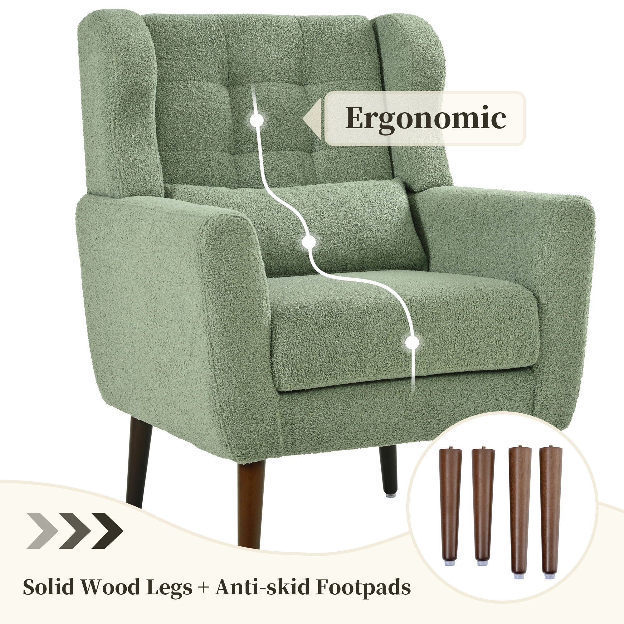Modern Accent Chair, Teddy Fabric Living Room Chairs Comfy Reading Chair, Mid Century Accent Chair, Lounge Arm Chairs Armchair For Living Room Bedroom - Light Green - Image 3