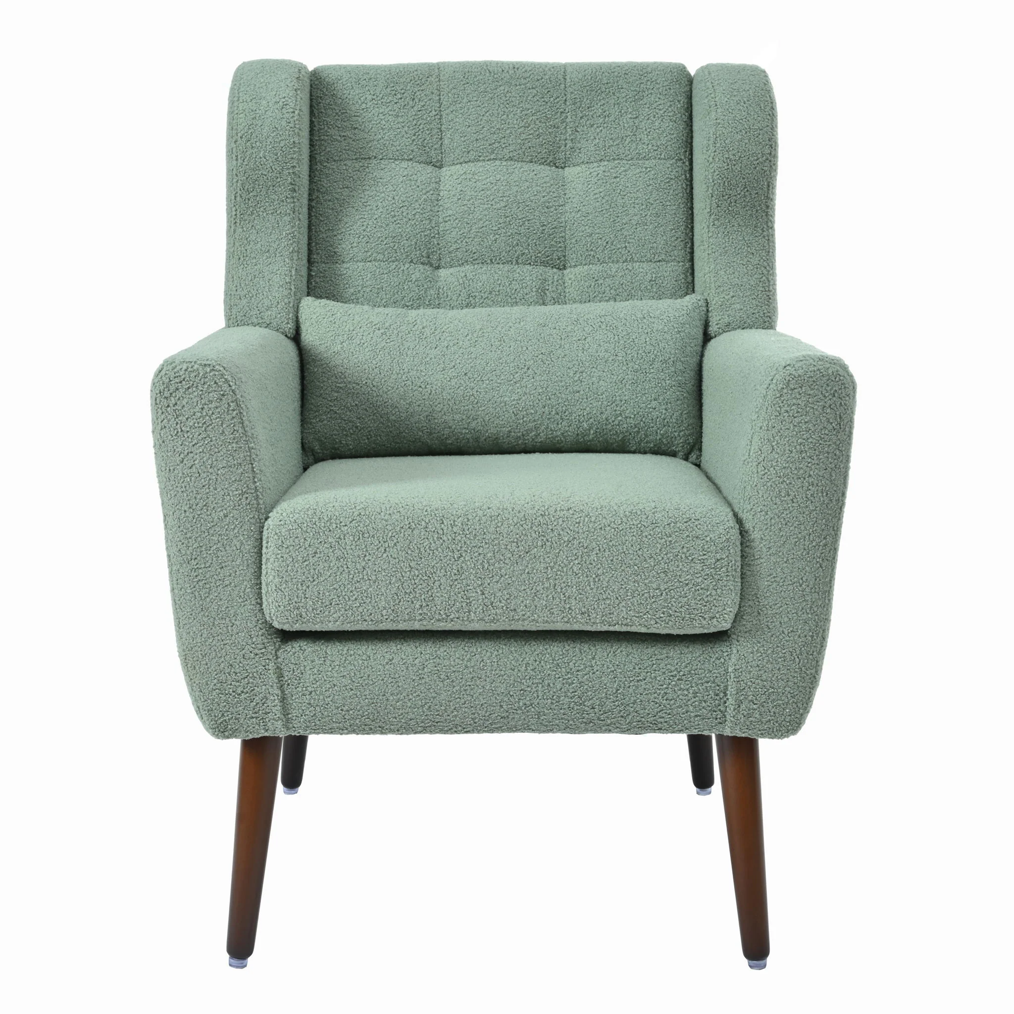 Modern Accent Chair, Teddy Fabric Living Room Chairs Comfy Reading Chair, Mid Century Accent Chair, Lounge Arm Chairs Armchair For Living Room Bedroom - Light Green - Image 5