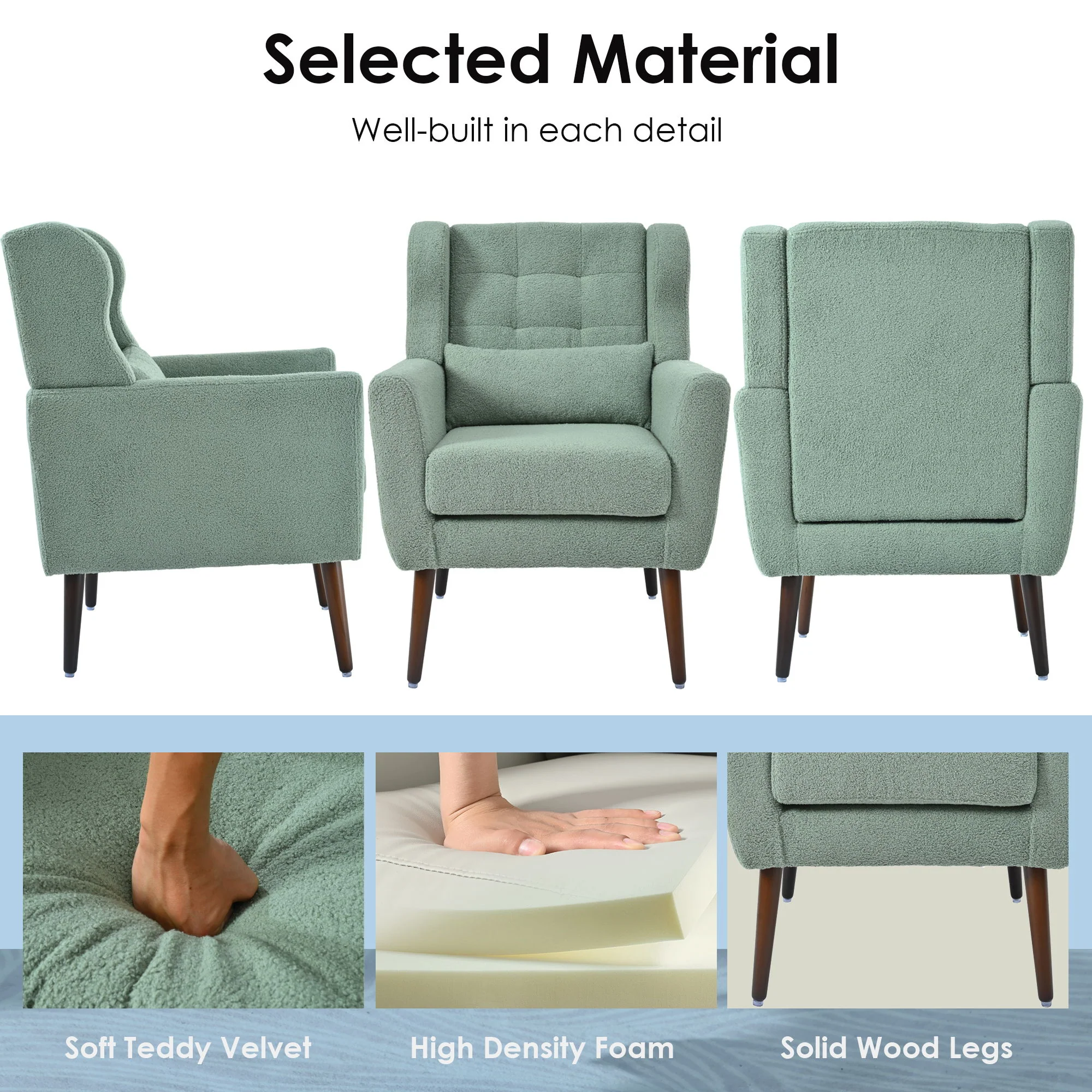 Modern Accent Chair, Teddy Fabric Living Room Chairs Comfy Reading Chair, Mid Century Accent Chair, Lounge Arm Chairs Armchair For Living Room Bedroom - Light Green - Image 7