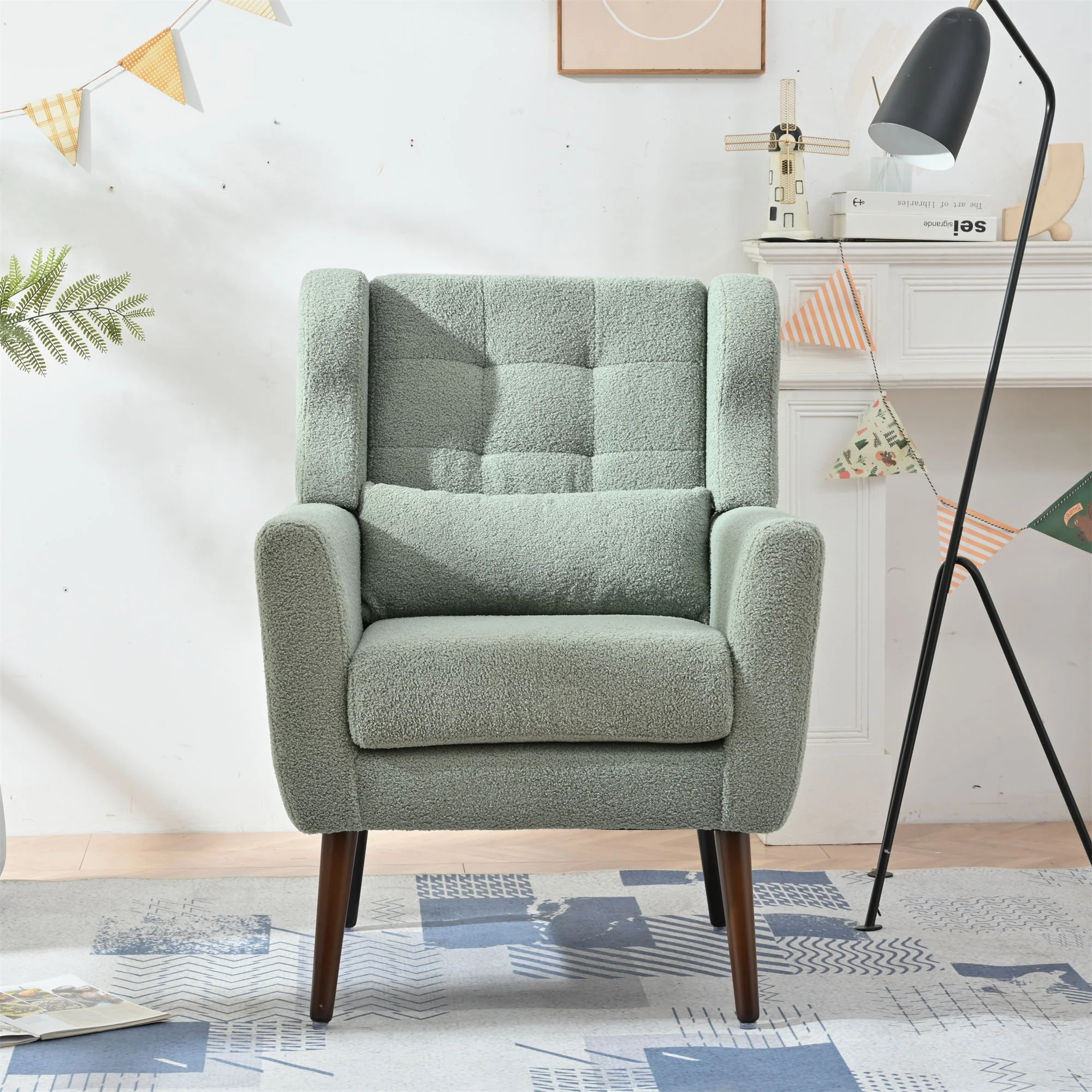 Modern Accent Chair, Teddy Fabric Living Room Chairs Comfy Reading Chair, Mid Century Accent Chair, Lounge Arm Chairs Armchair For Living Room Bedroom - Light Green - Image 8