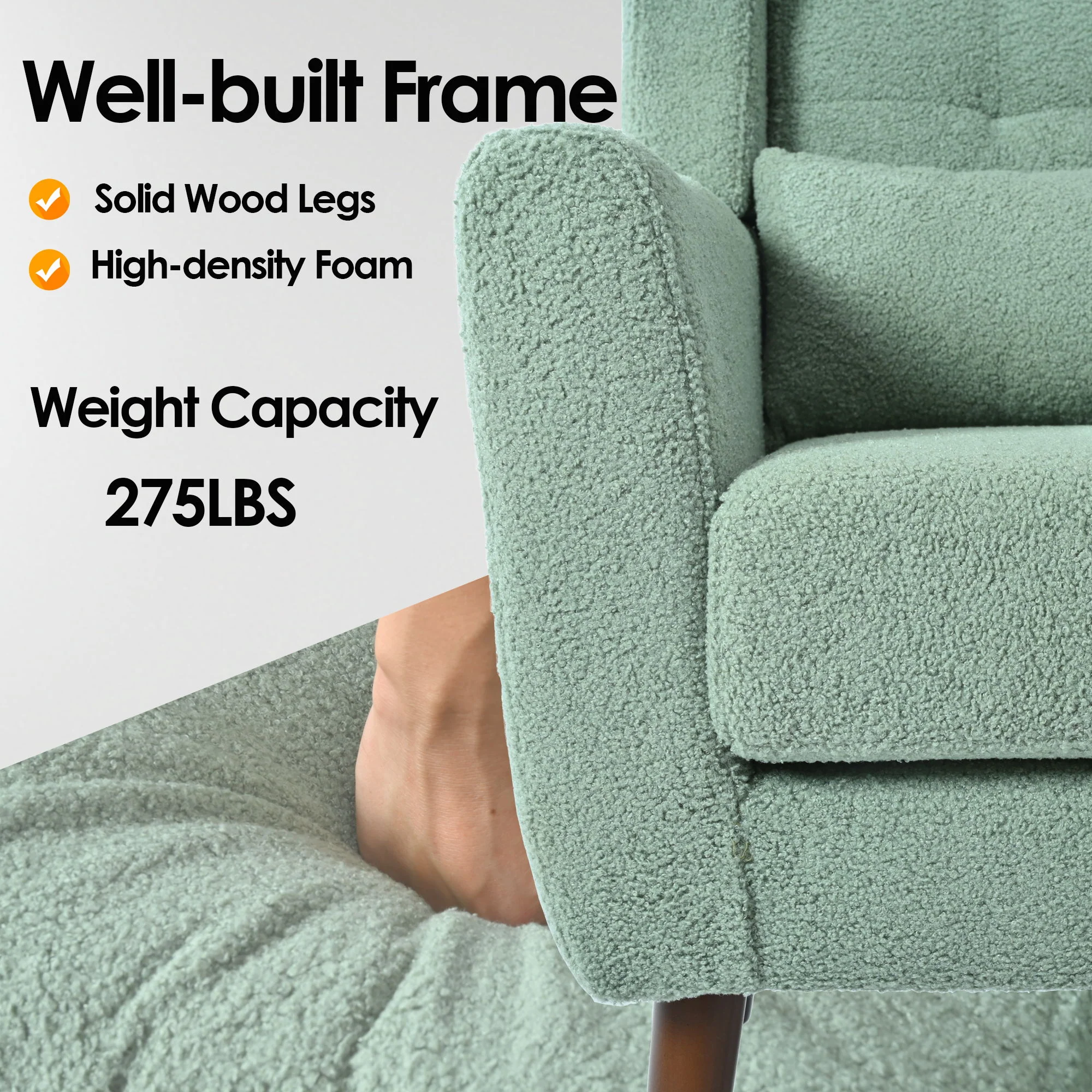 Modern Accent Chair, Teddy Fabric Living Room Chairs Comfy Reading Chair, Mid Century Accent Chair, Lounge Arm Chairs Armchair For Living Room Bedroom - Light Green - Image 9