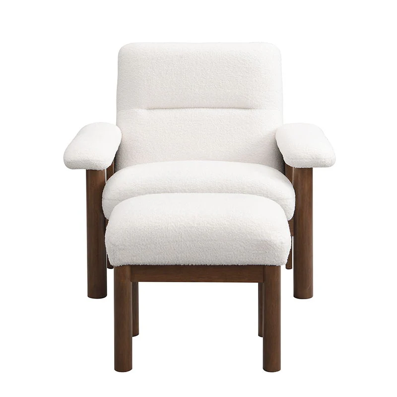 Modern Accent Chair With Ottoman, Mid Century Lounge Chair With Footrest, Comfy Fabric Armchair Upholstered Set With Solid Wood Frame For Living Room - White - Image 2