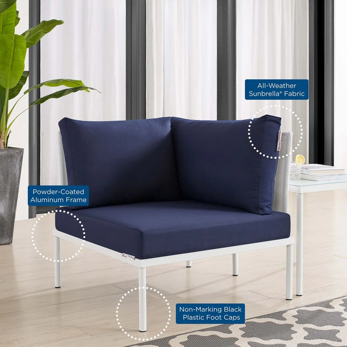 Modern Aluminum Mesh Outdoor Corner Chair with Sunbrella® Cushions, Weatherproof Frame - Image 2