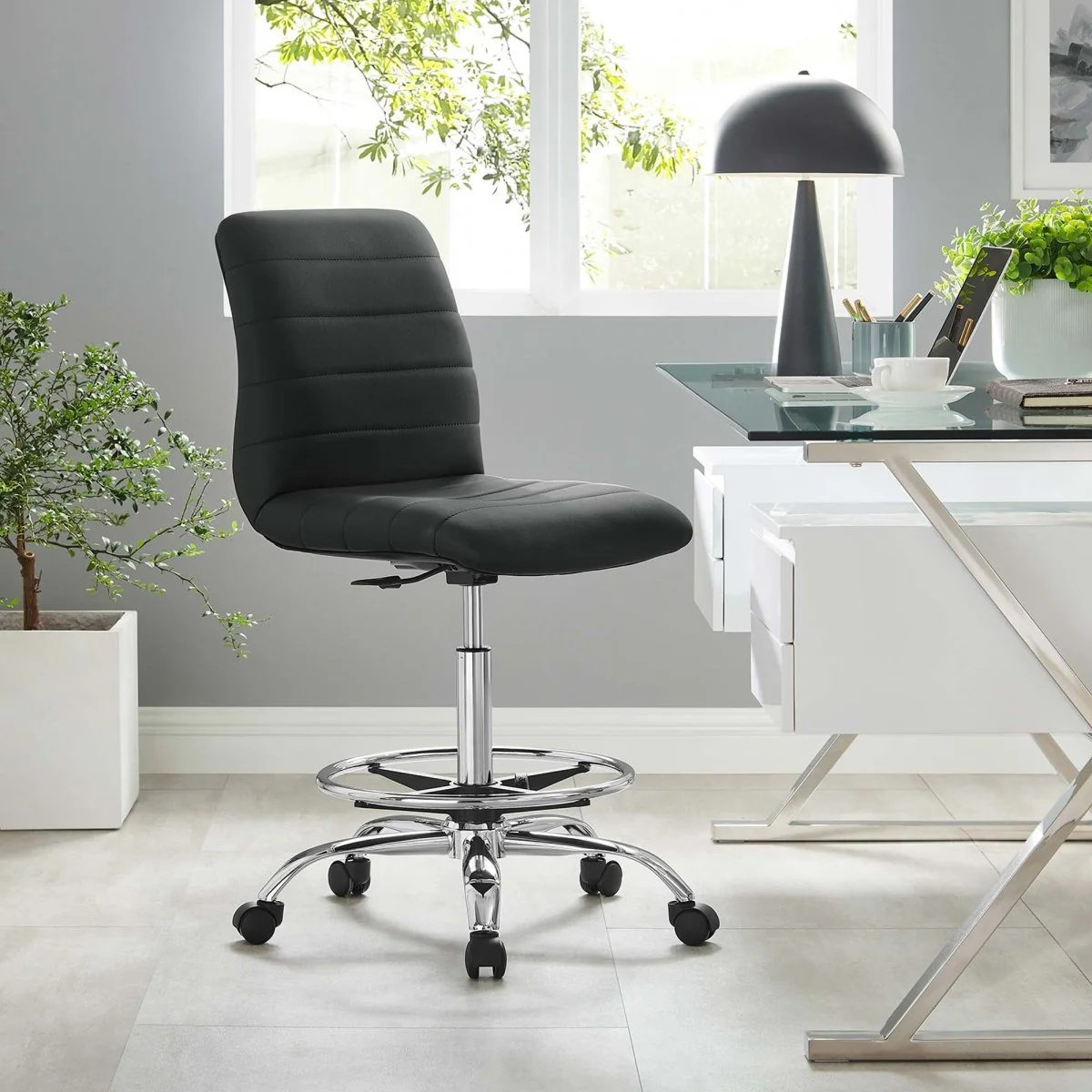 Modern Armless Vegan Leather Drafting Chair — Adjustable Height, Swivel, Contemporary - Image 27