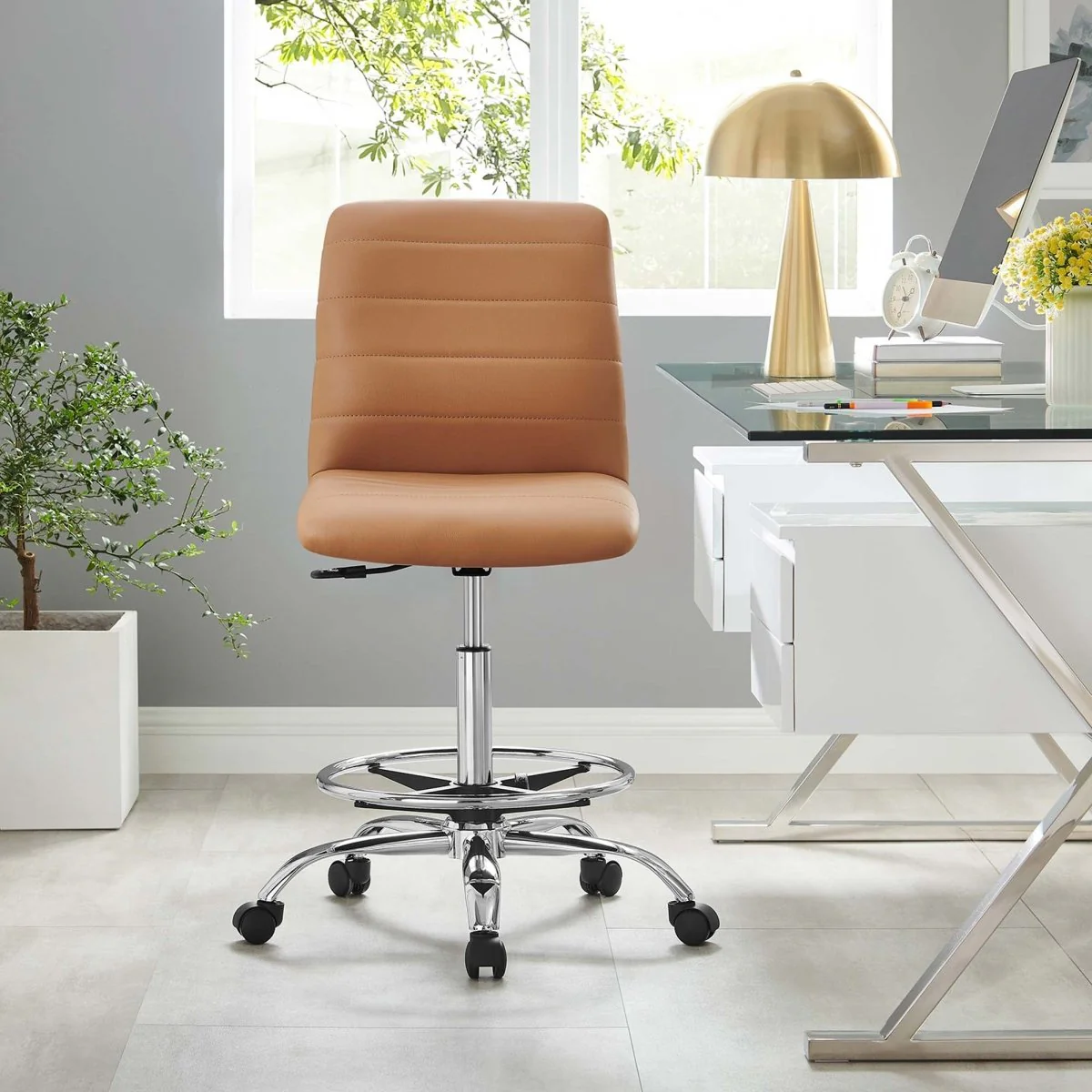 Modern Armless Vegan Leather Drafting Chair — Adjustable Height, Swivel, Contemporary - Image 3