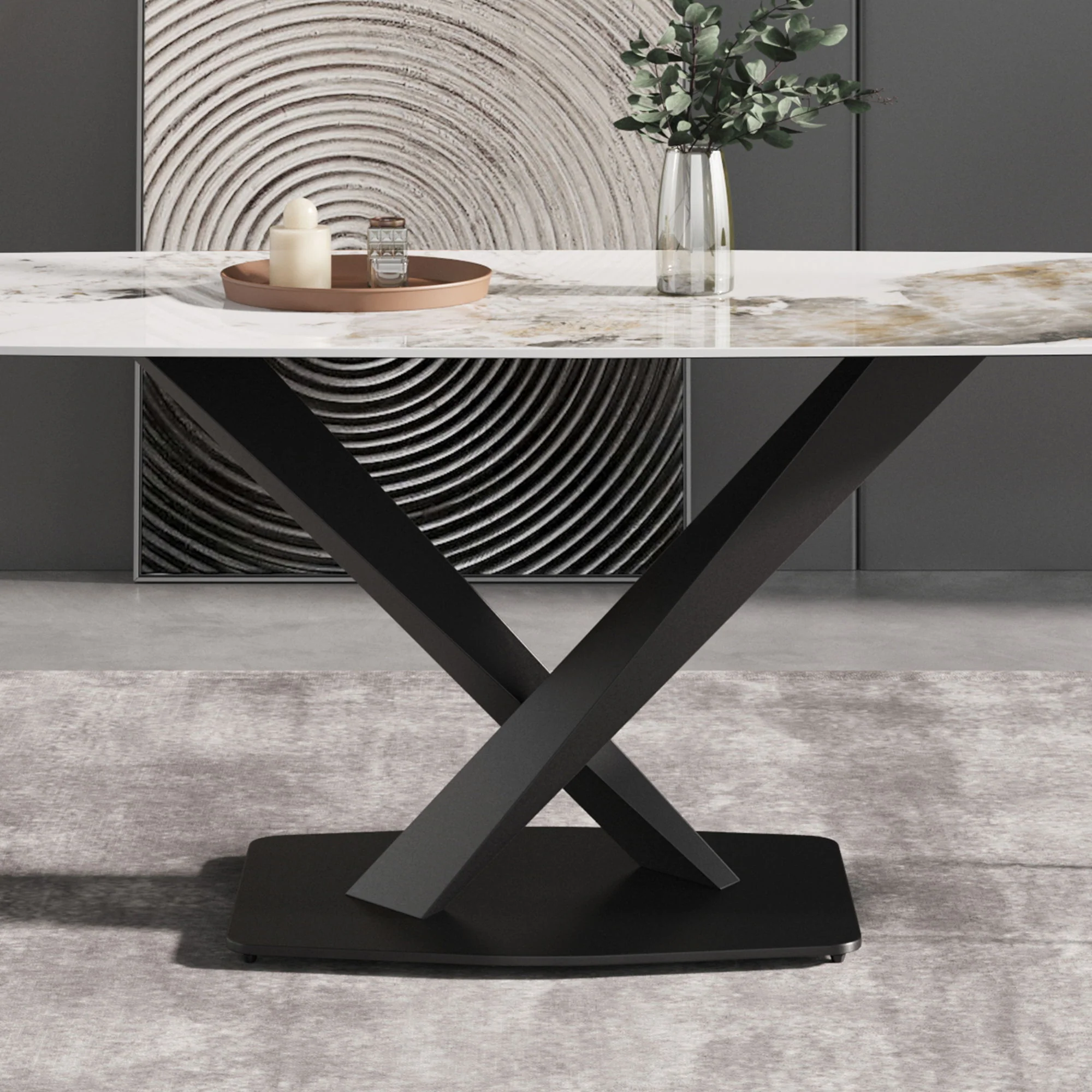 Modern Artificial Stone Pandora White Curved Metal Leg Dining Table, 6 People - Antique White - Image 4