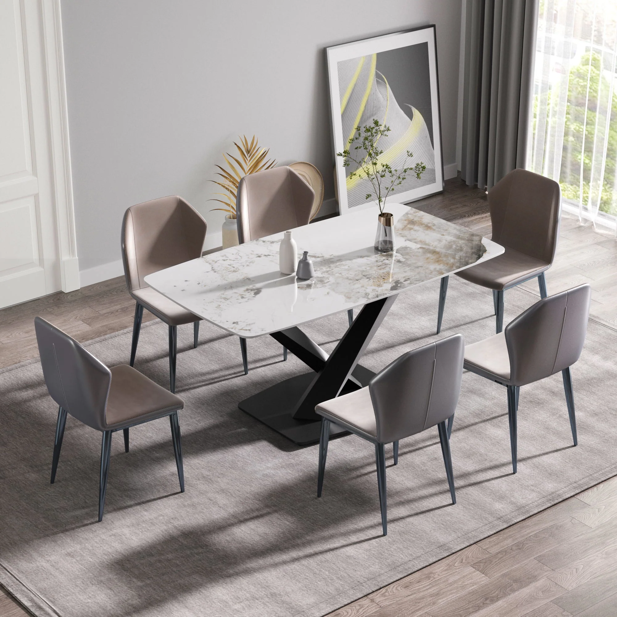 Modern Artificial Stone Pandora White Curved Metal Leg Dining Table, 6 People - Antique White - Image 7