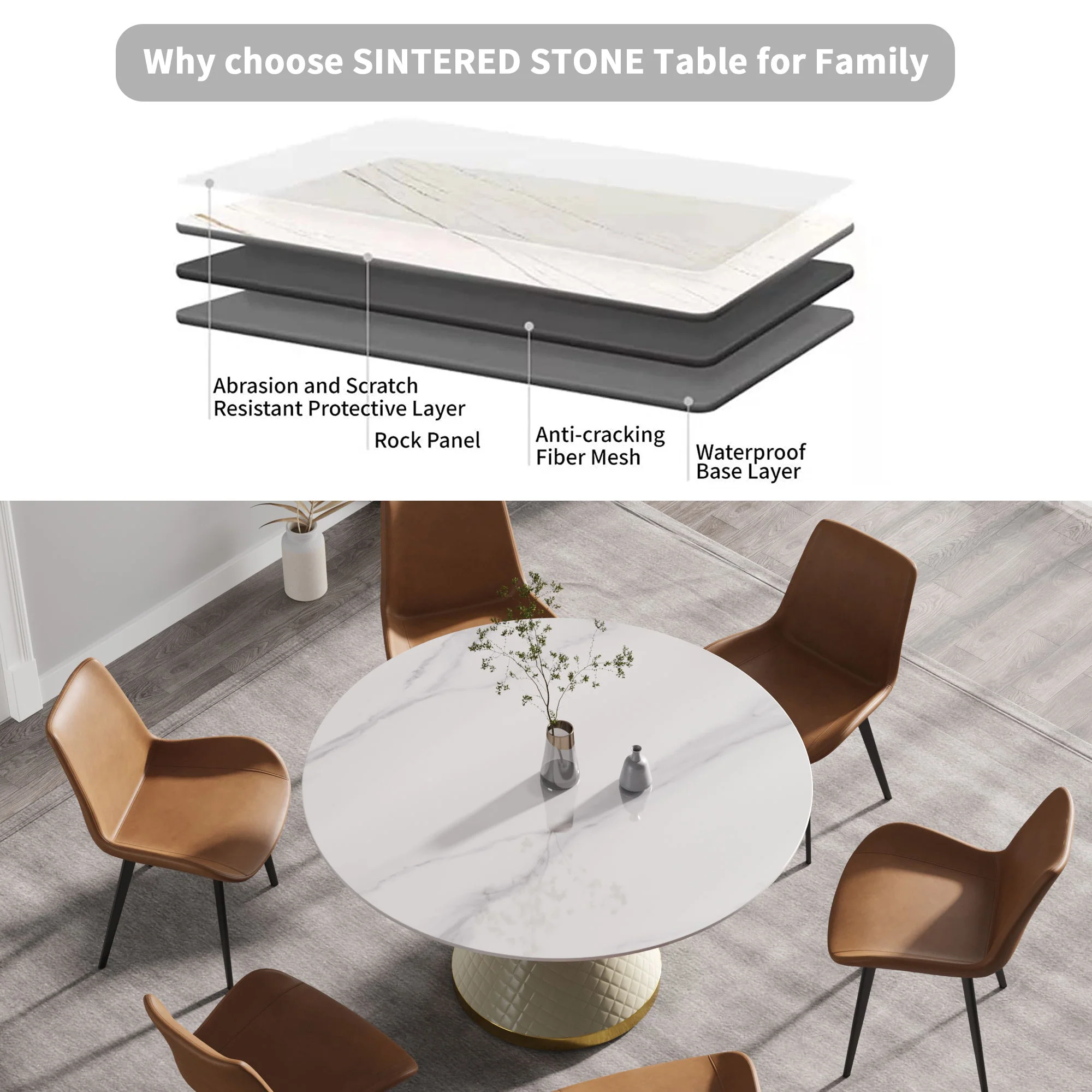 Modern Artificial Stone Round Carbon Steel Base Dining Table, Can Accommodate 6 People - Image 19