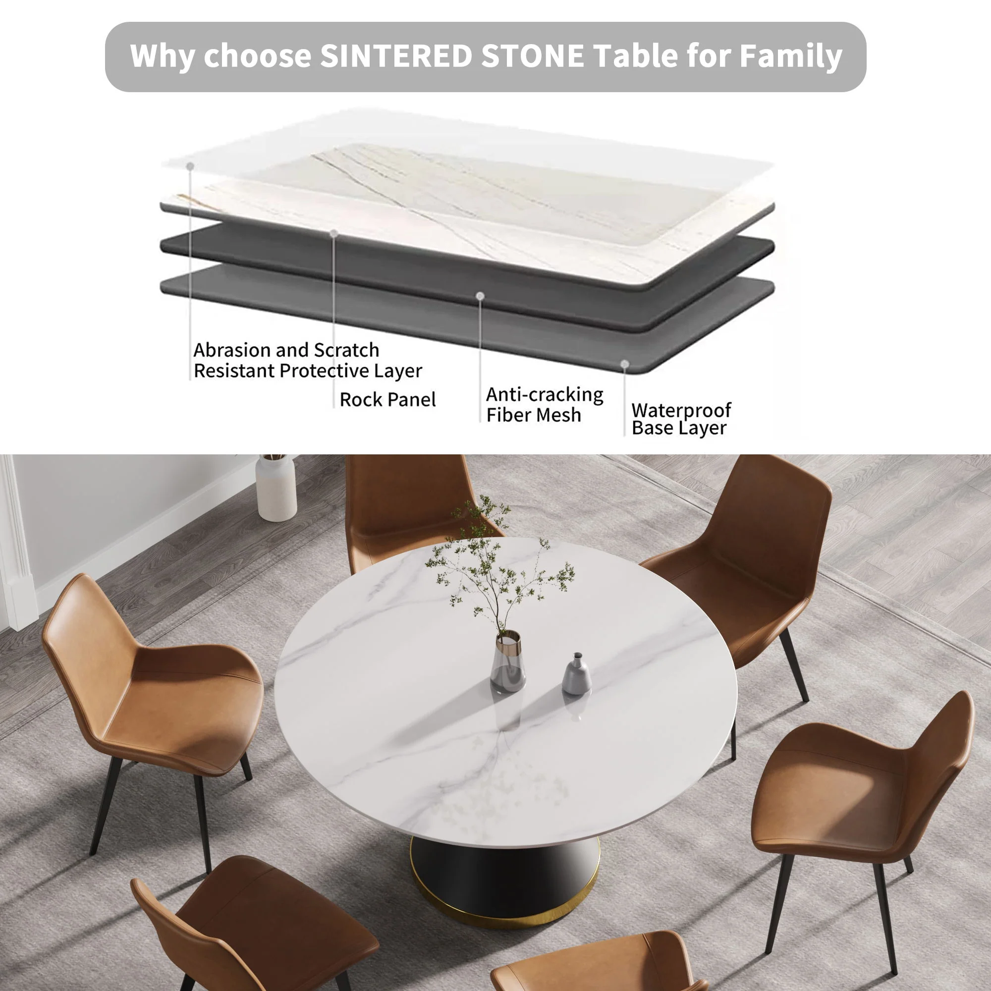 Modern Artificial Stone Round Carbon Steel Base Dining Table, Can Accommodate 6 People - Image 26