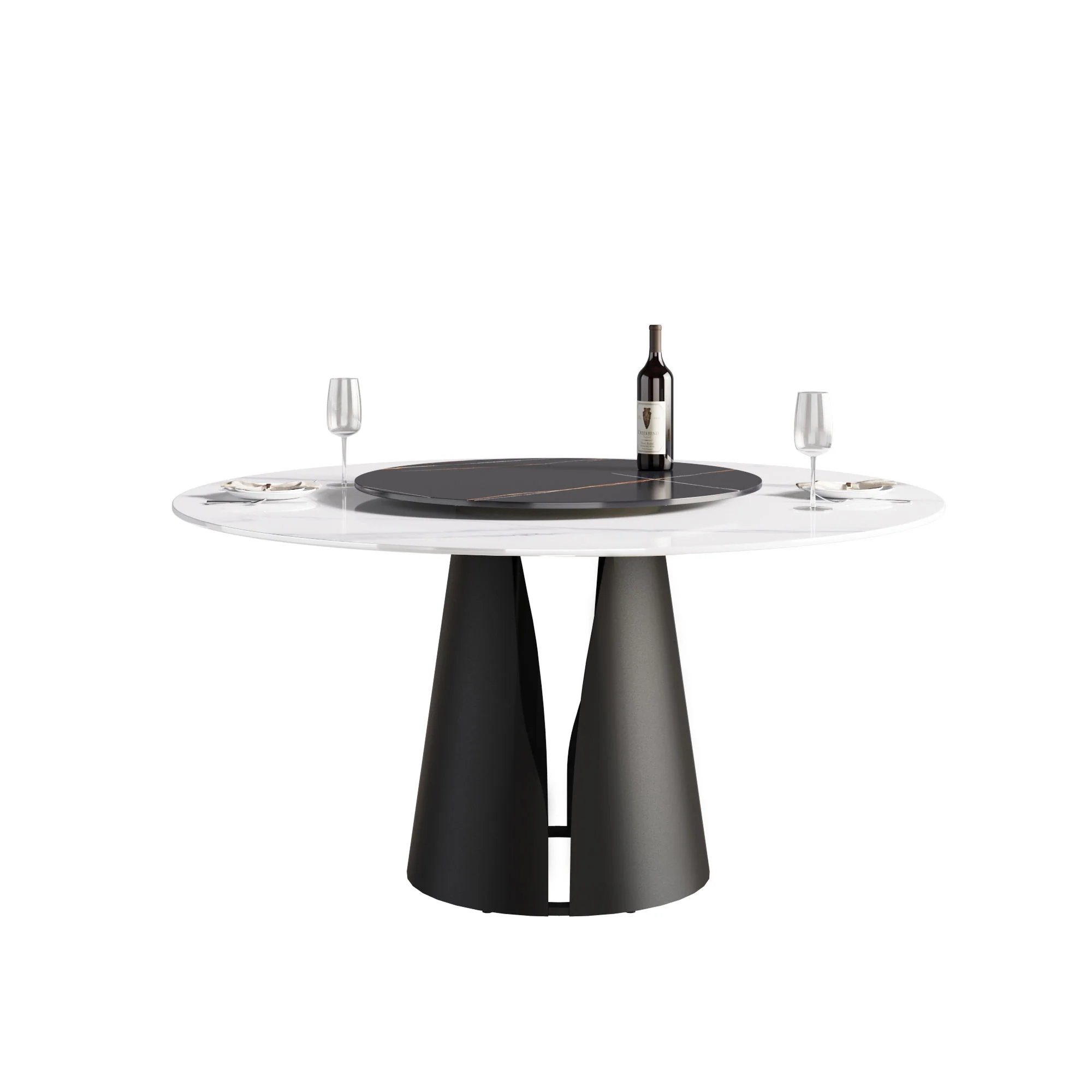 Modern Artificial Stone Round Carbon Steel Base Dining Table, Can Accommodate 6 People, Artificial Stone Turntable - Image 2