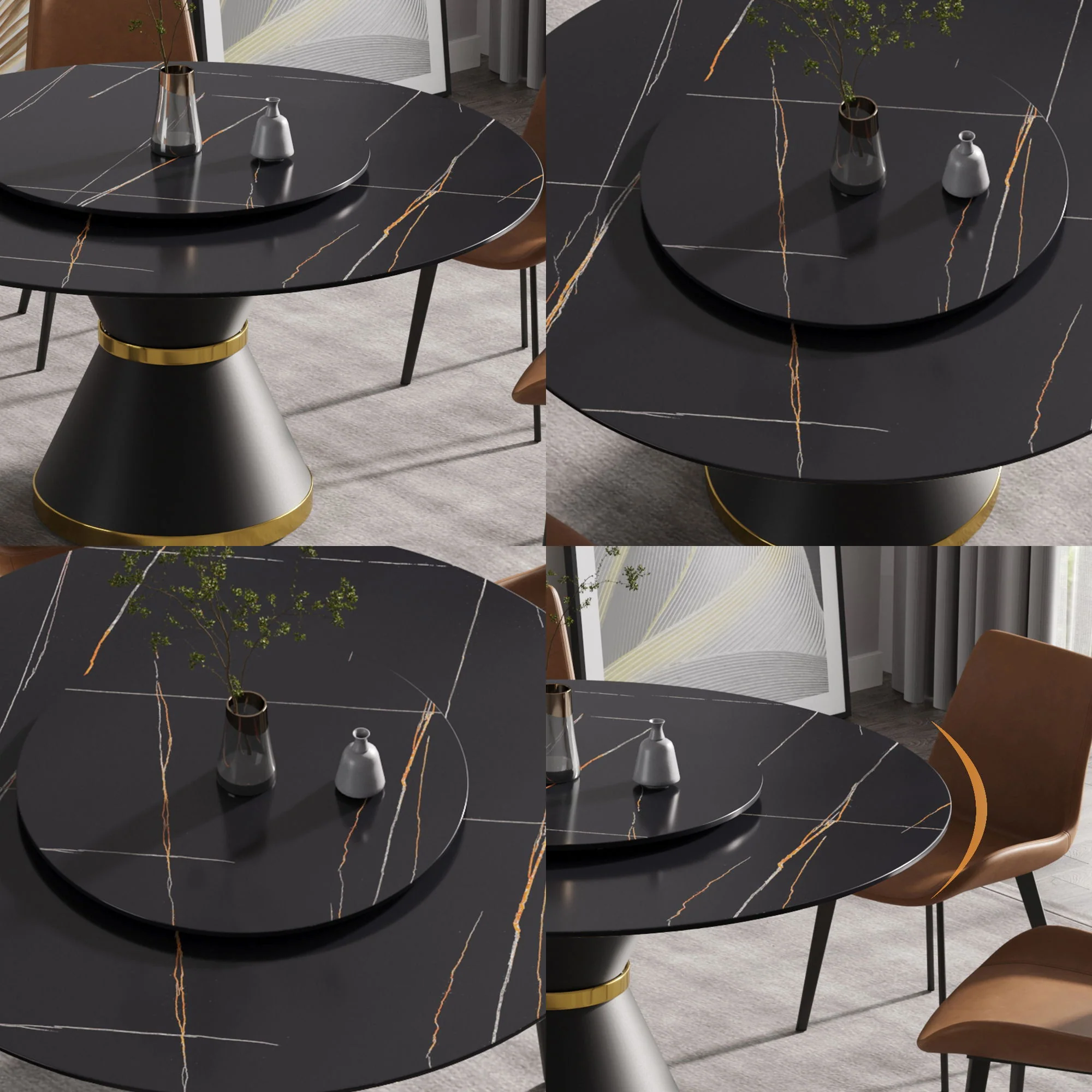 Modern Artificial Stone Round Carbon Steel Base Dining Table, Can Accommodate 6 People Artificial Stone Turntable - Black - Image 7