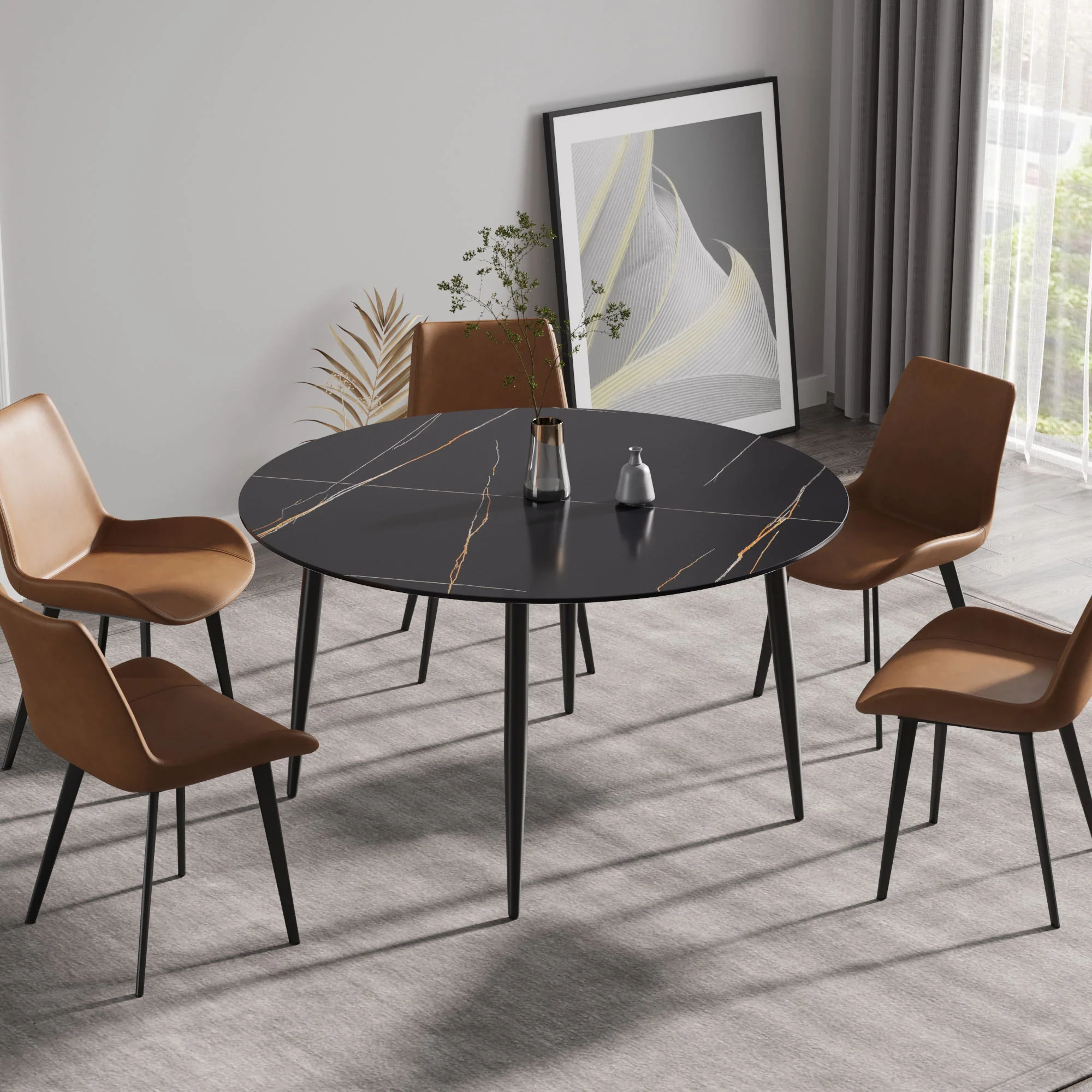 Modern Artificial Stone Round Dining Table With Metal Legs, Can Accommodate 6 People - Black - Image 3