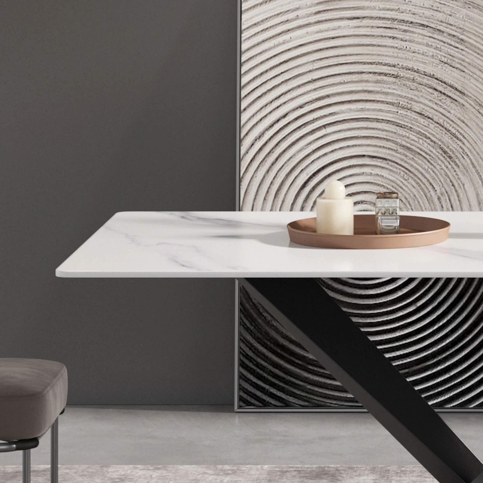 Modern Artificial Stone Straight Edge Metal X Leg Dining Table, 6 People - Image 7