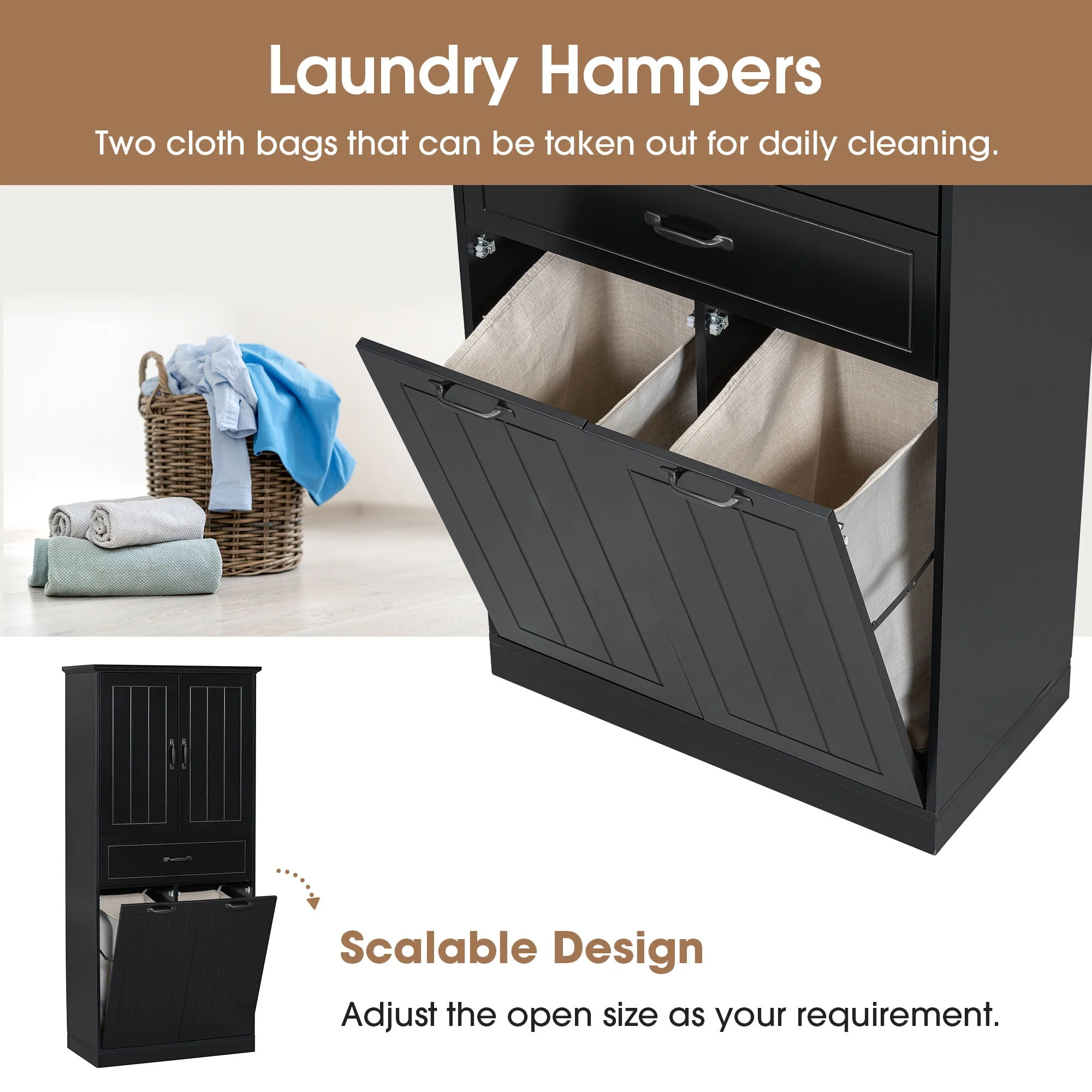 Modern Bathroom Storage Cabinet With Two Laundry Baskets, One Drawer, Adjustable Shelf - Image 14