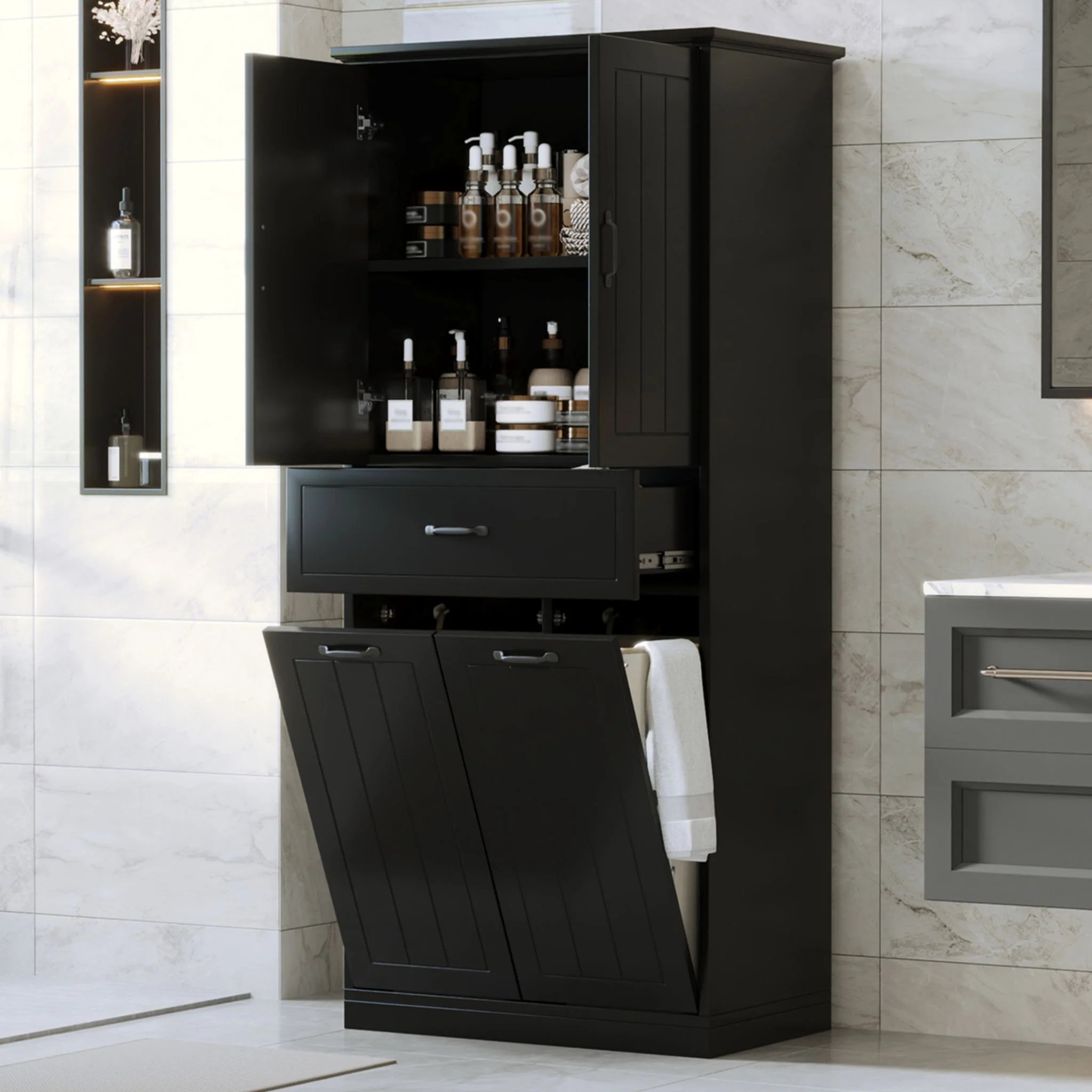 Modern Bathroom Storage Cabinet With Two Laundry Baskets, One Drawer, Adjustable Shelf - Image 26