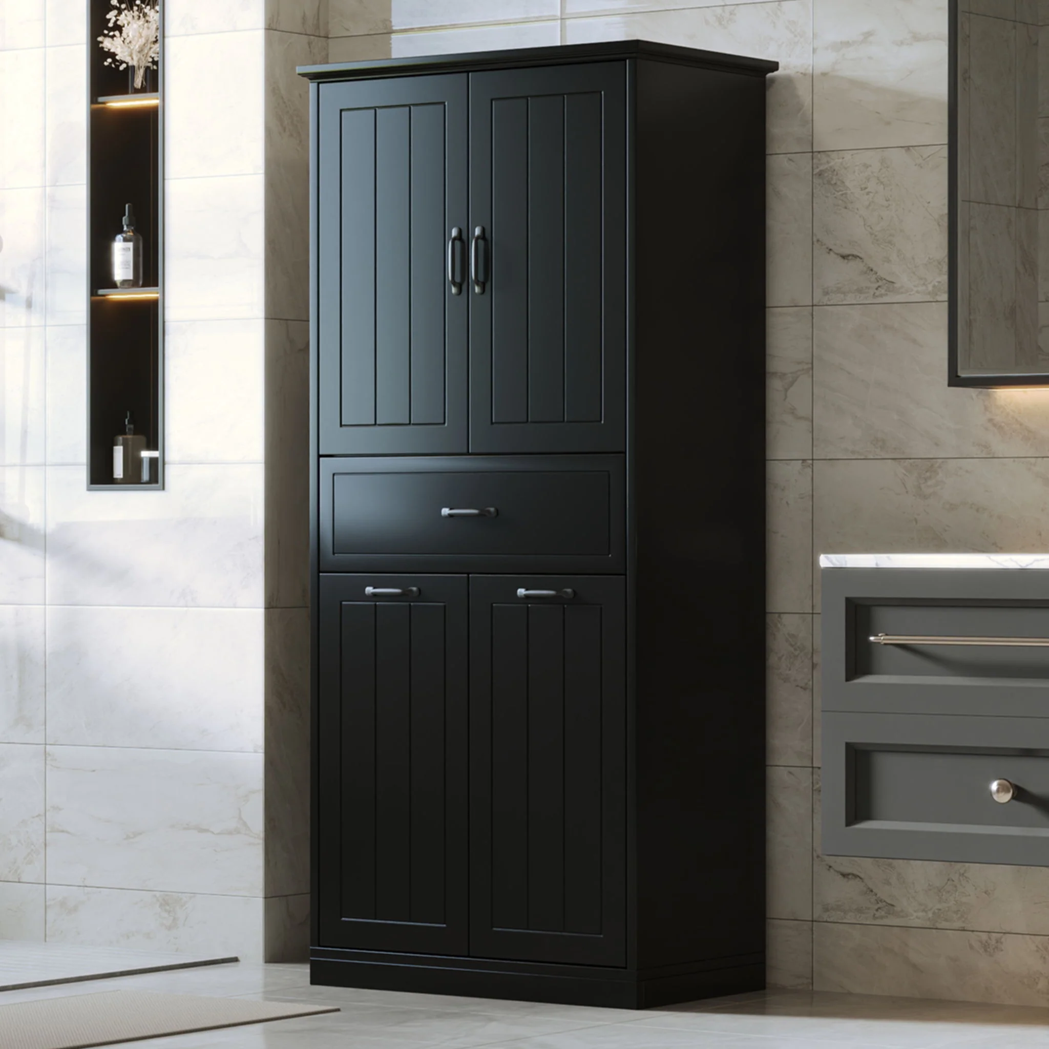 Modern Bathroom Storage Cabinet With Two Laundry Baskets, One Drawer, Adjustable Shelf - Image 4