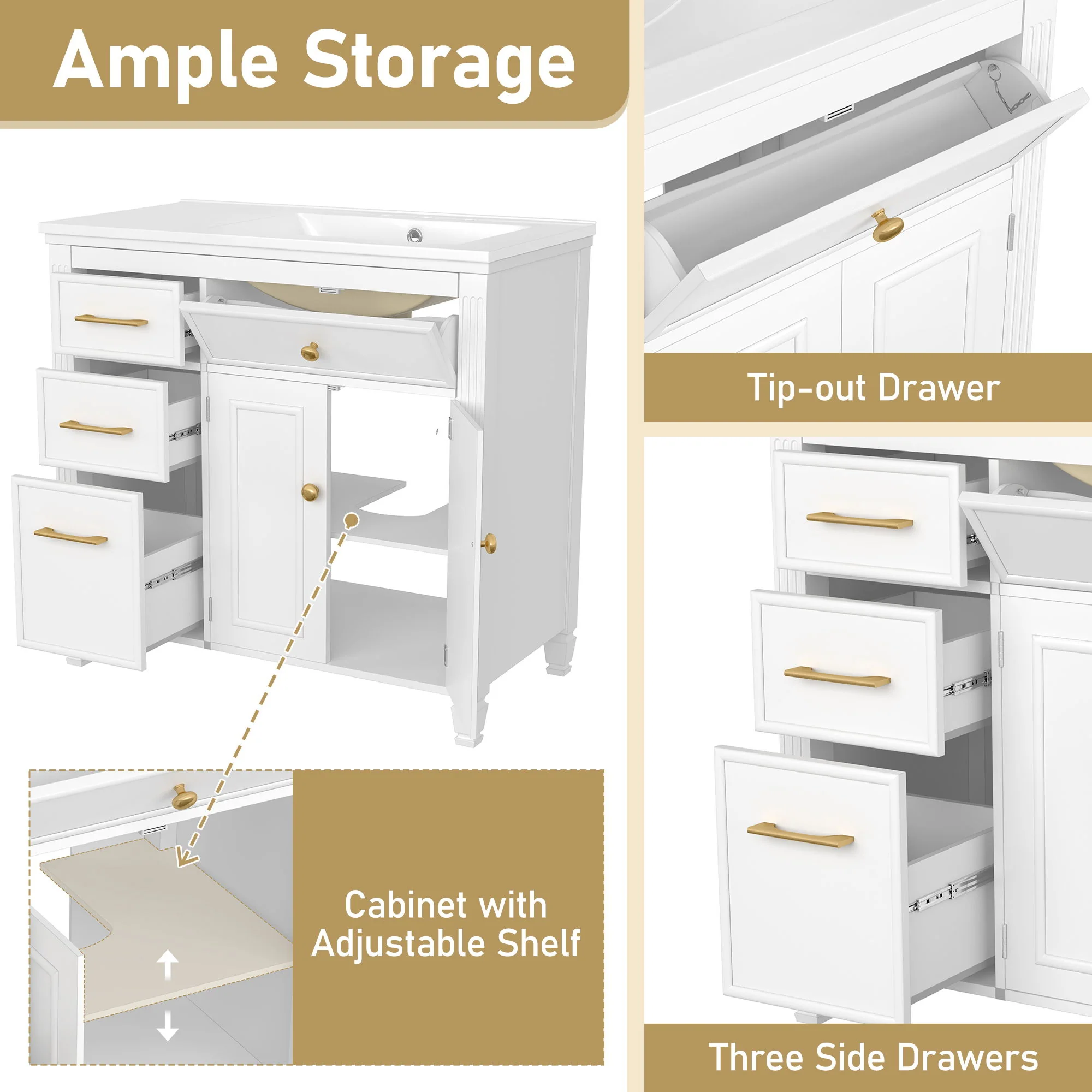 Modern Bathroom Vanity With Ceramic Sink, Freestanding, One Tip Out Drawer, 3 Side Drawers, Adjustable Shelf - Image 11