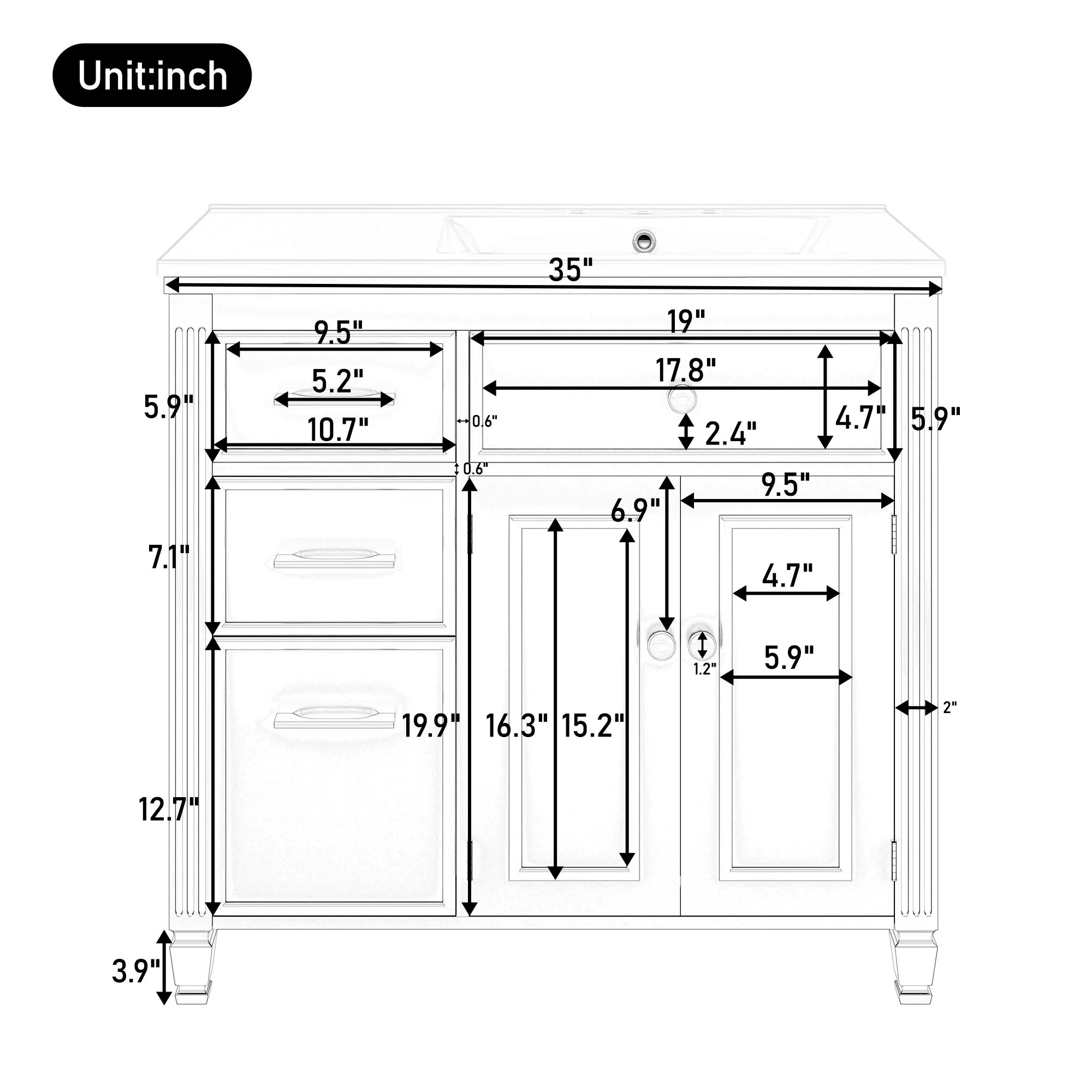 Modern Bathroom Vanity With Ceramic Sink, Freestanding, One Tip Out Drawer, 3 Side Drawers, Adjustable Shelf - Image 18