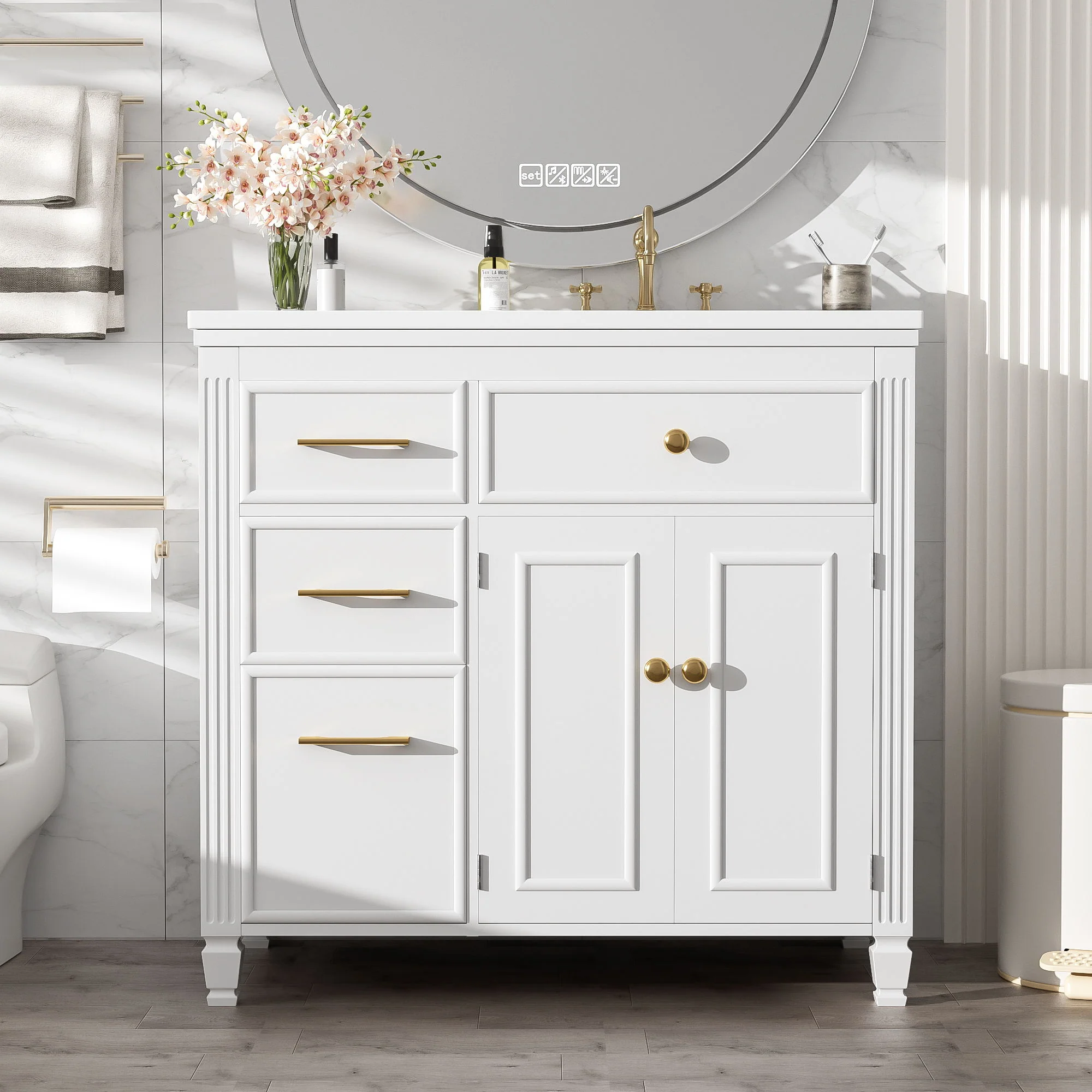 Modern Bathroom Vanity With Ceramic Sink, Freestanding, One Tip Out Drawer, 3 Side Drawers, Adjustable Shelf - Image 5