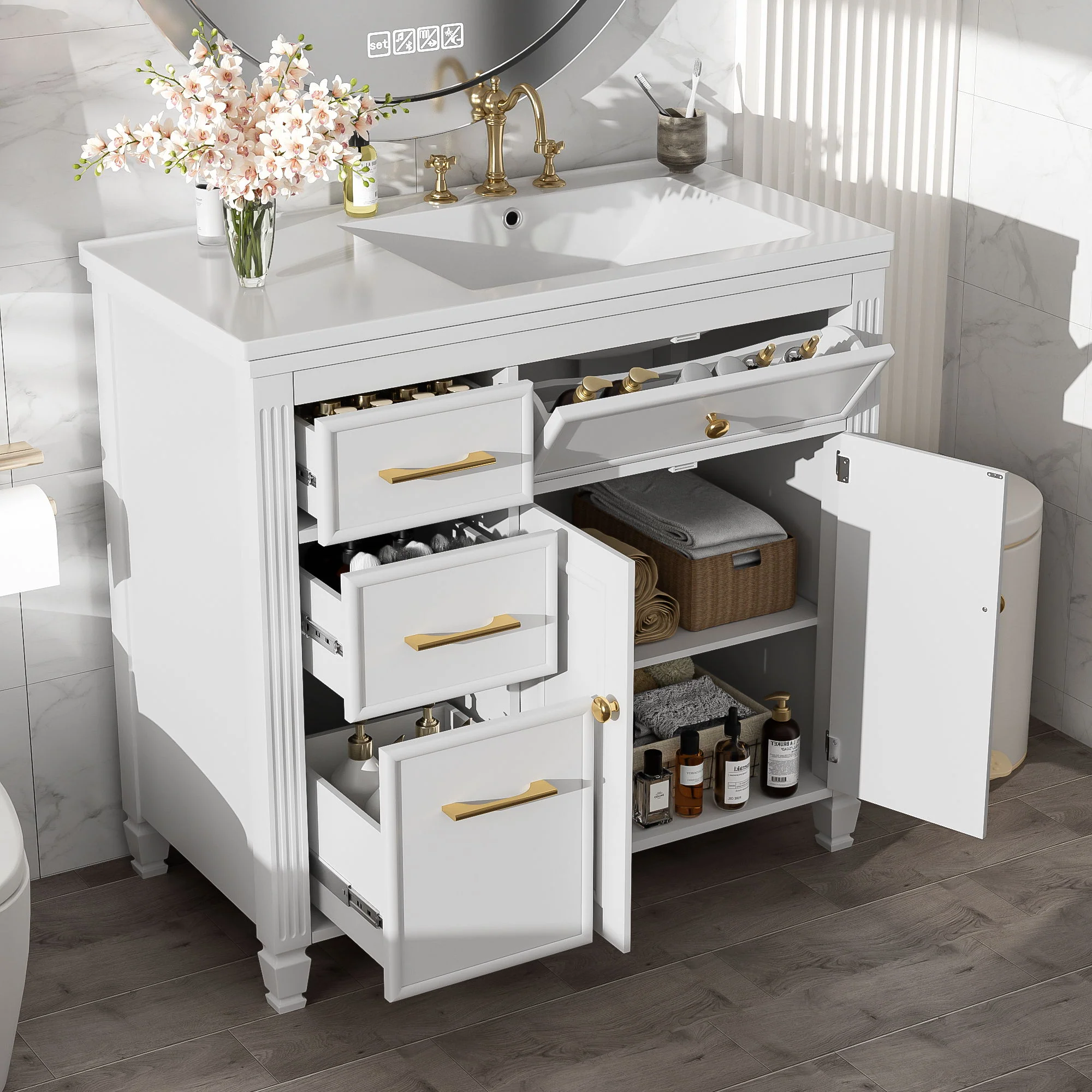Modern Bathroom Vanity With Ceramic Sink, Freestanding, One Tip Out Drawer, 3 Side Drawers, Adjustable Shelf - Image 9