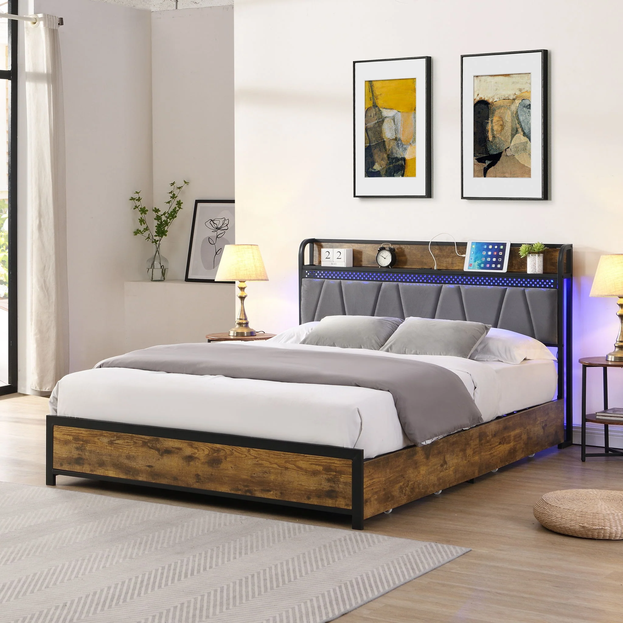 Modern Bed Frame With LED Lights, Upholstered Headboard, USB Charging - Image 32