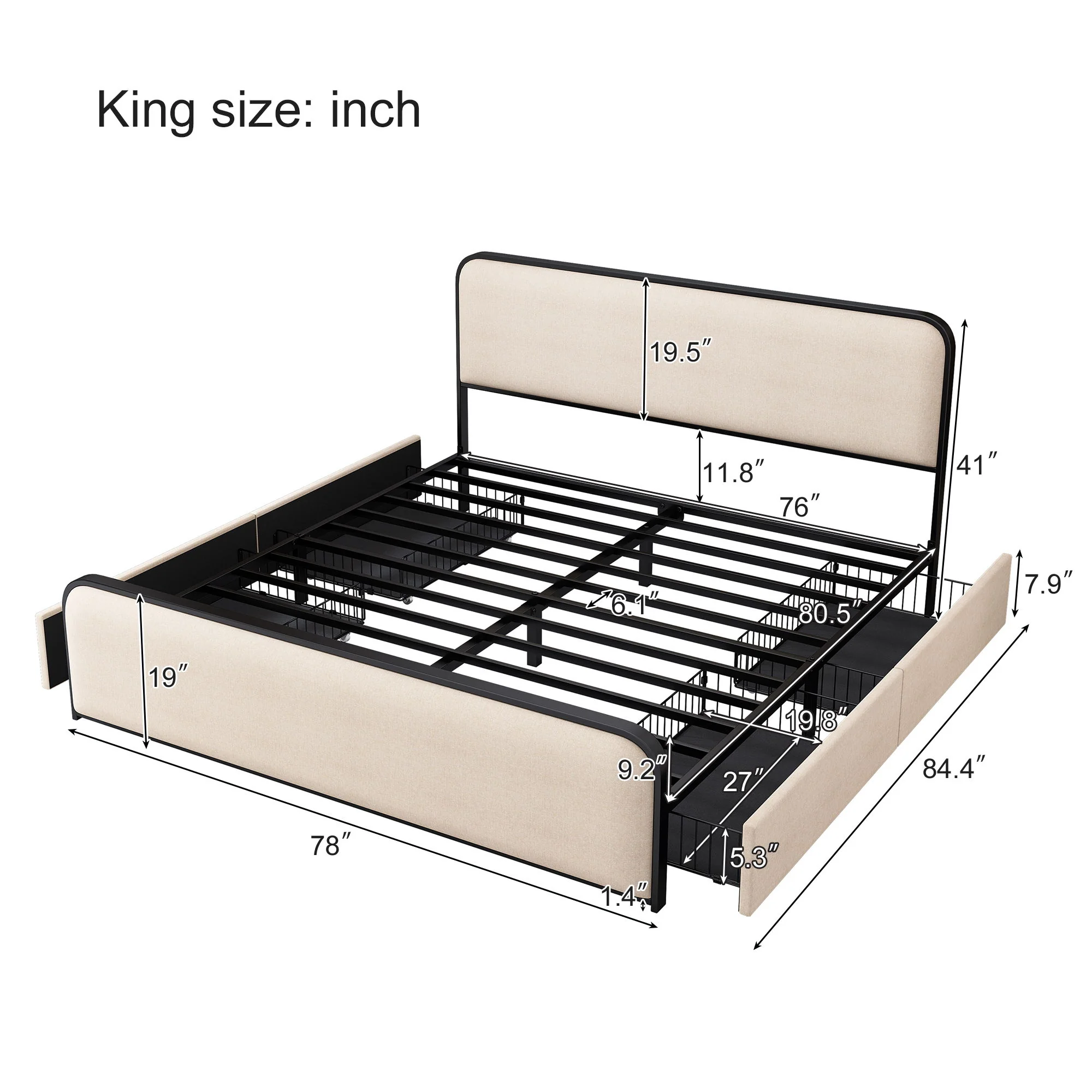 Modern Bed With Curved Upholstered Headboard And Footboard, Heavy Duty Metal Slats - Image 11