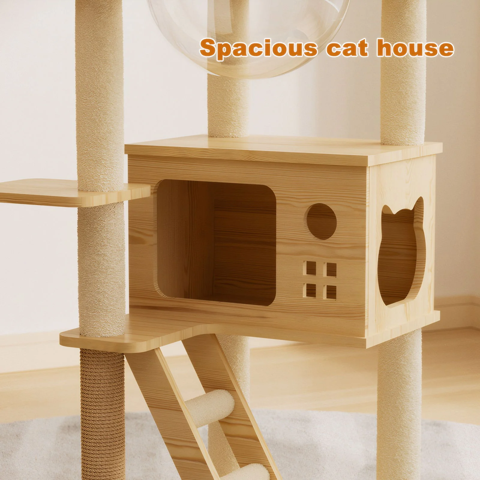 Modern Cat Tower, Wood Cat Tree Tower For Indoor Cats, Cat Tree With Sisal Covered Scratching Posts And Top Perch - Natural / White - Image 4