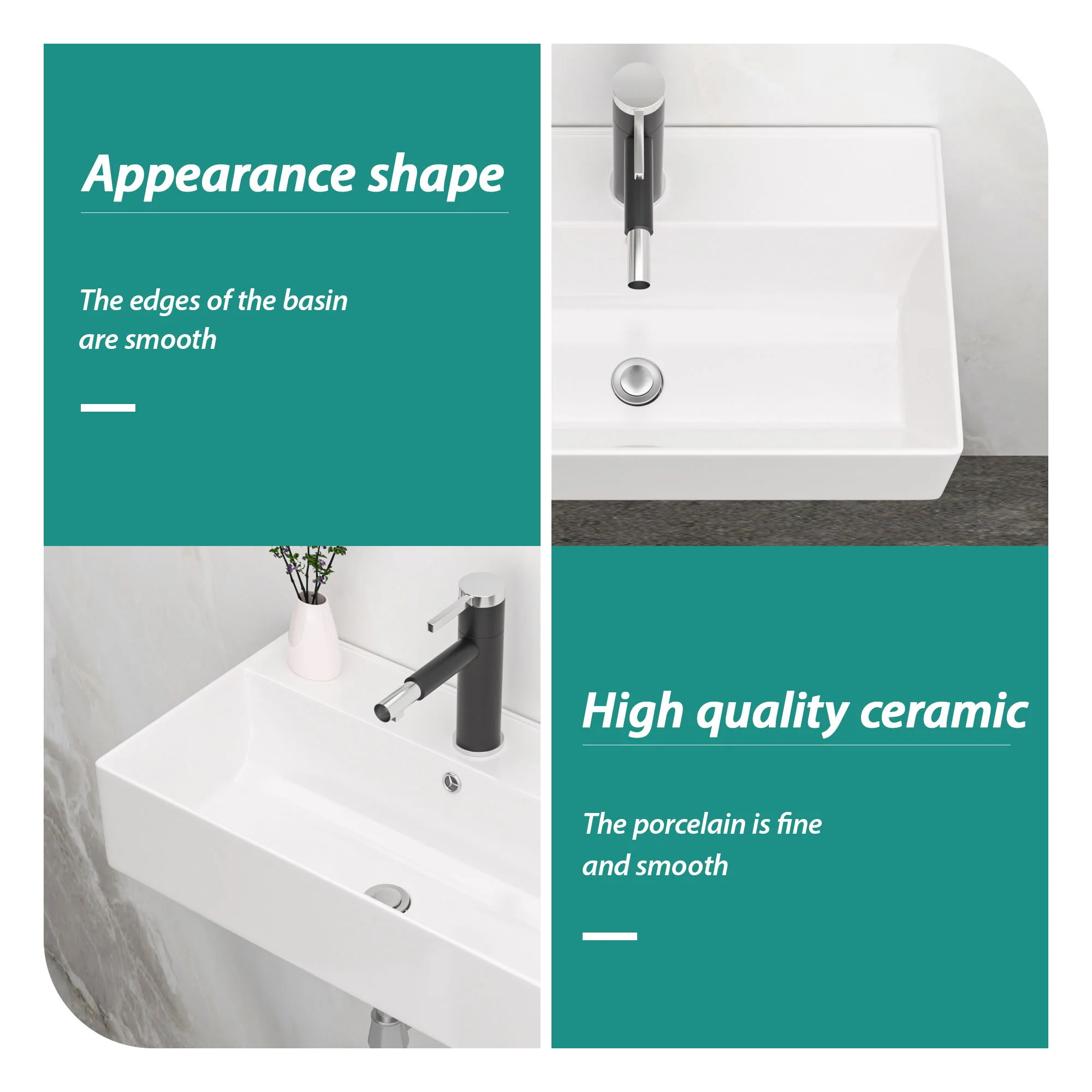 Modern Ceramic Rectangular Wall Mounted Bathroom Sink With Faucet Hole & Overflow - Image 18