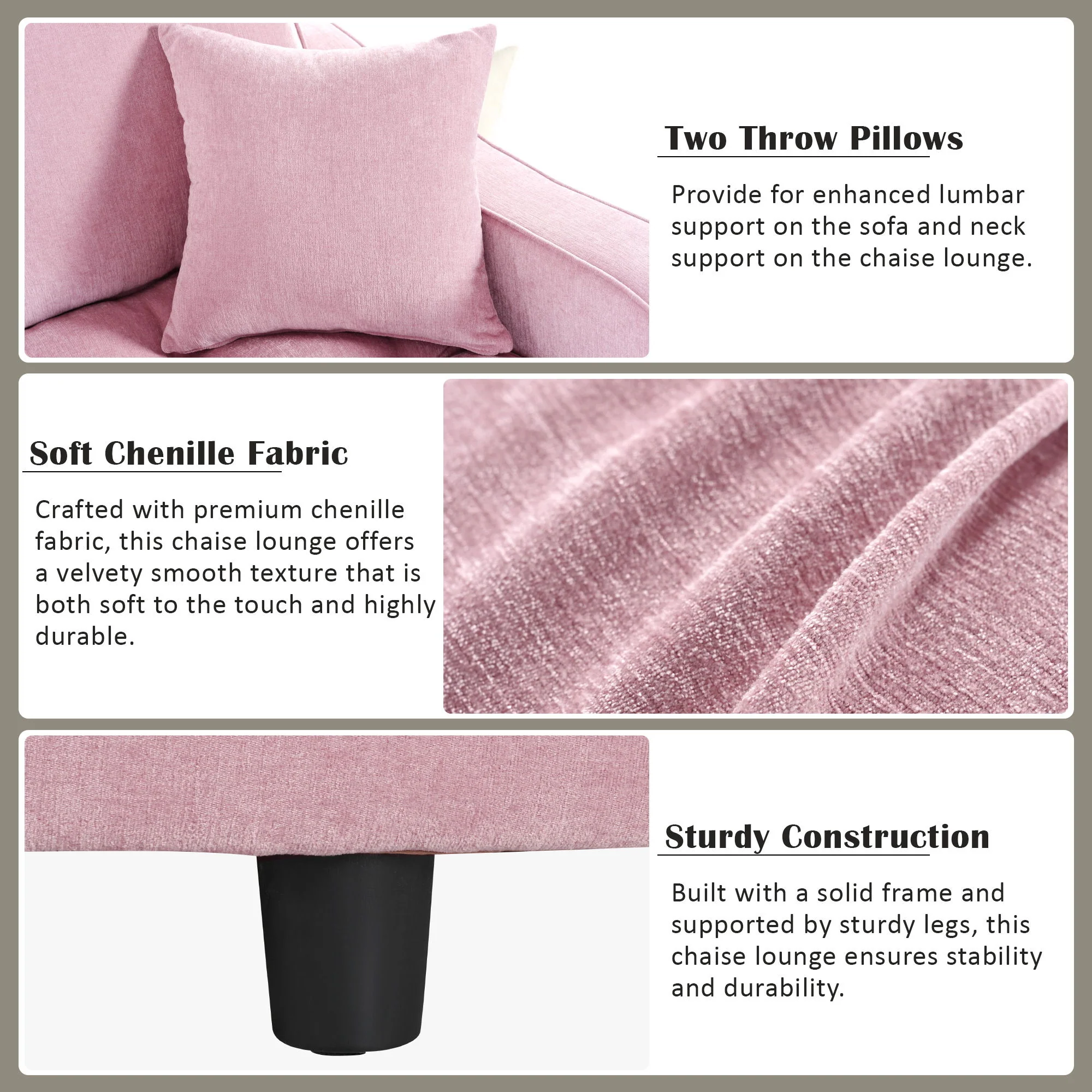 Modern Chaise Lounge Upholstered Sofa Couch With Tufted Seat And Detachable Pillows For Living Room - Image 9