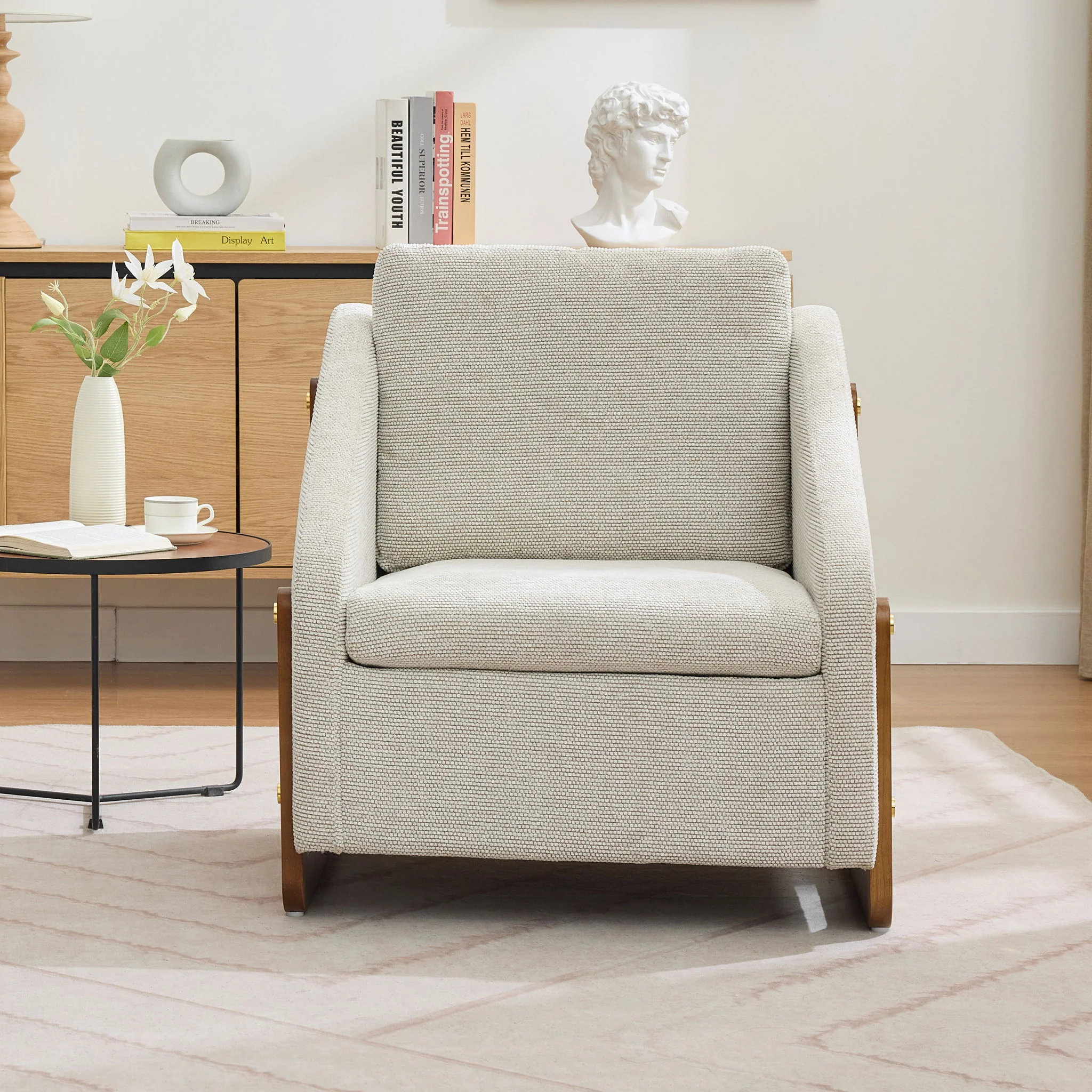 Modern Upholstered Armchair With Wooden Side Frame - Image 4