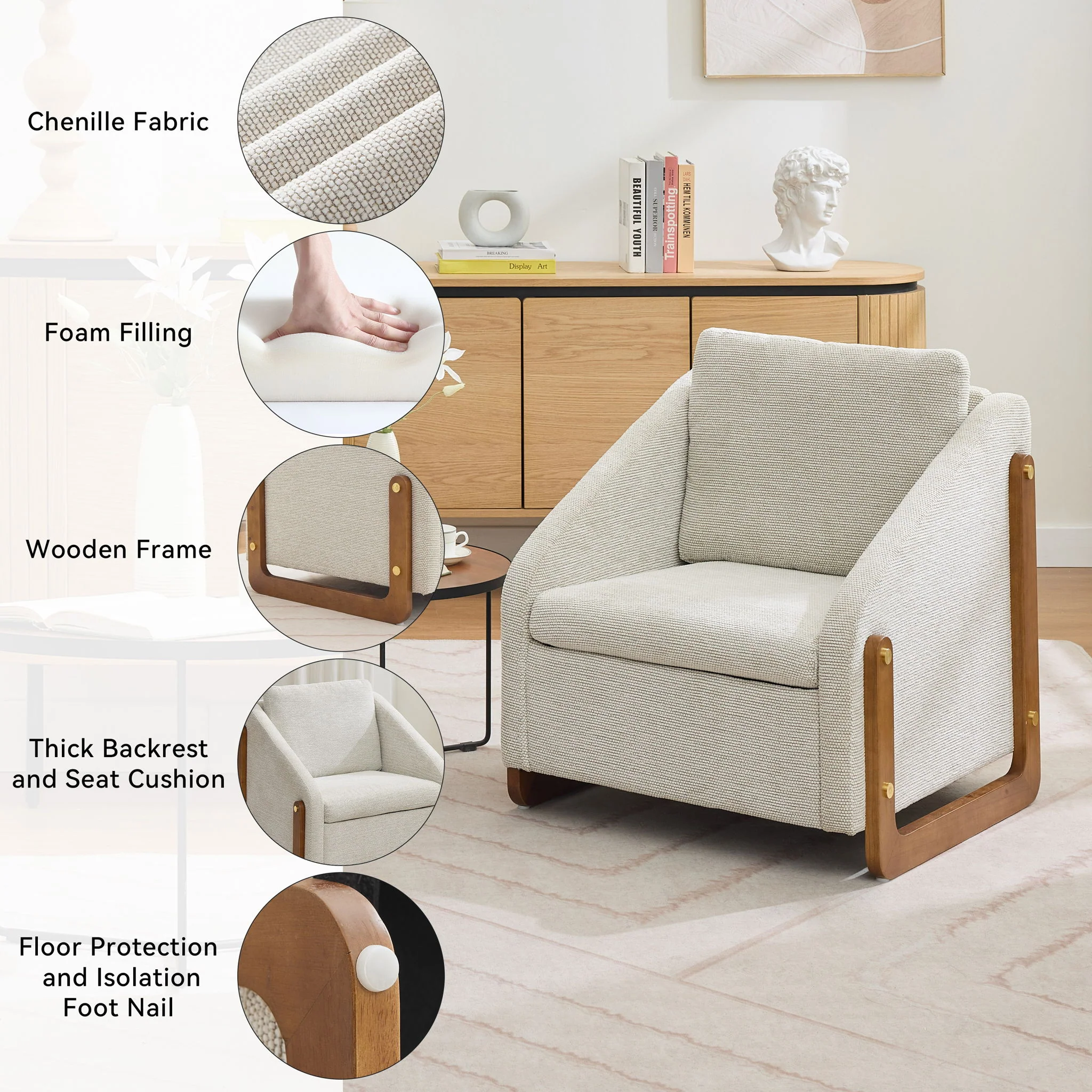Modern Upholstered Armchair With Wooden Side Frame - Image 8