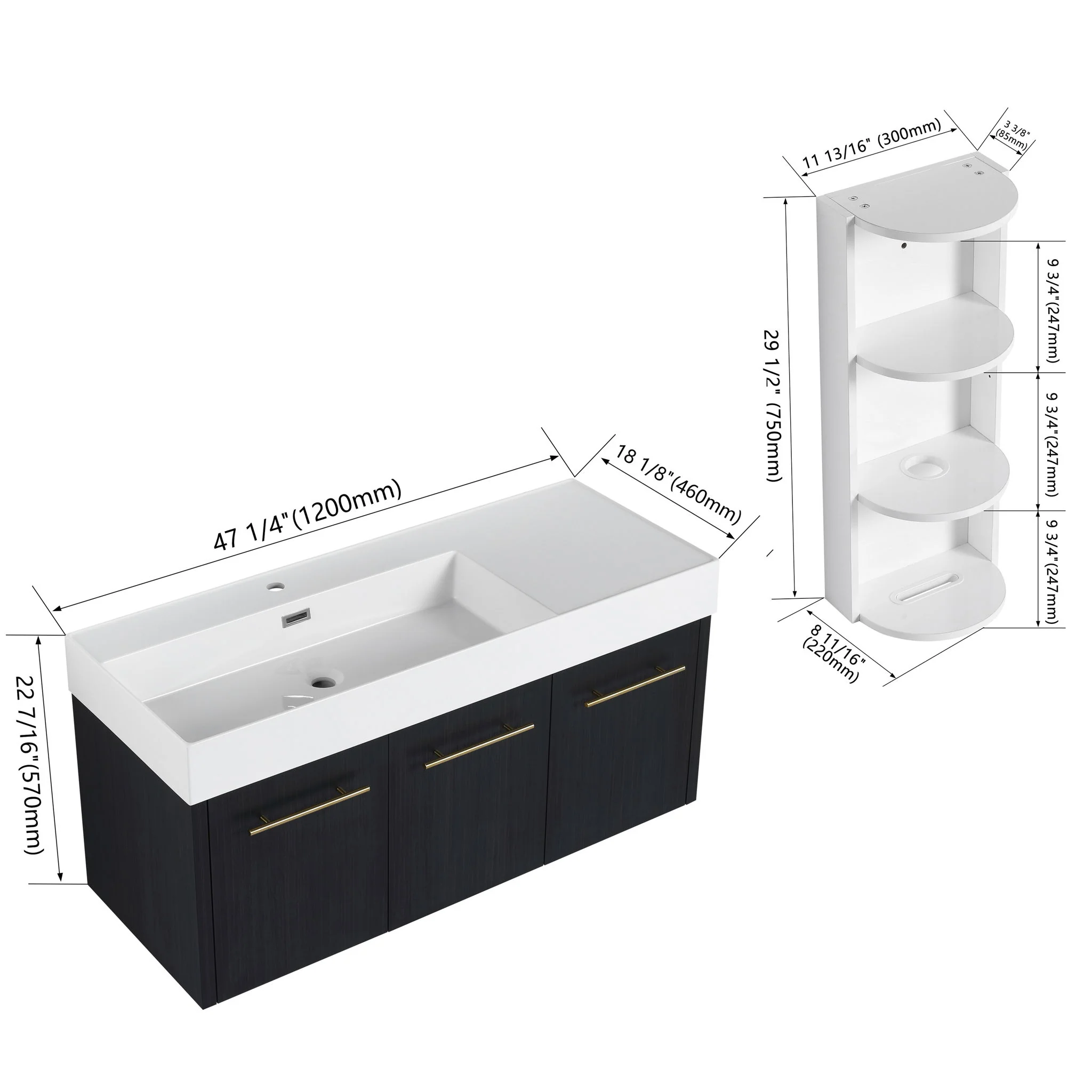 Modern Chestnut Wall Mounted Bathroom Vanity With Left Resin Sink And Storage Rack - Black Chestnut - Image 3