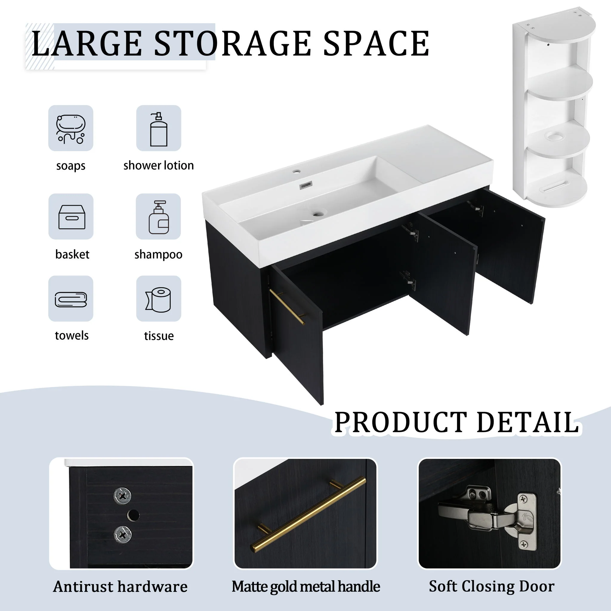 Modern Chestnut Wall Mounted Bathroom Vanity With Left Resin Sink And Storage Rack - Black Chestnut - Image 7