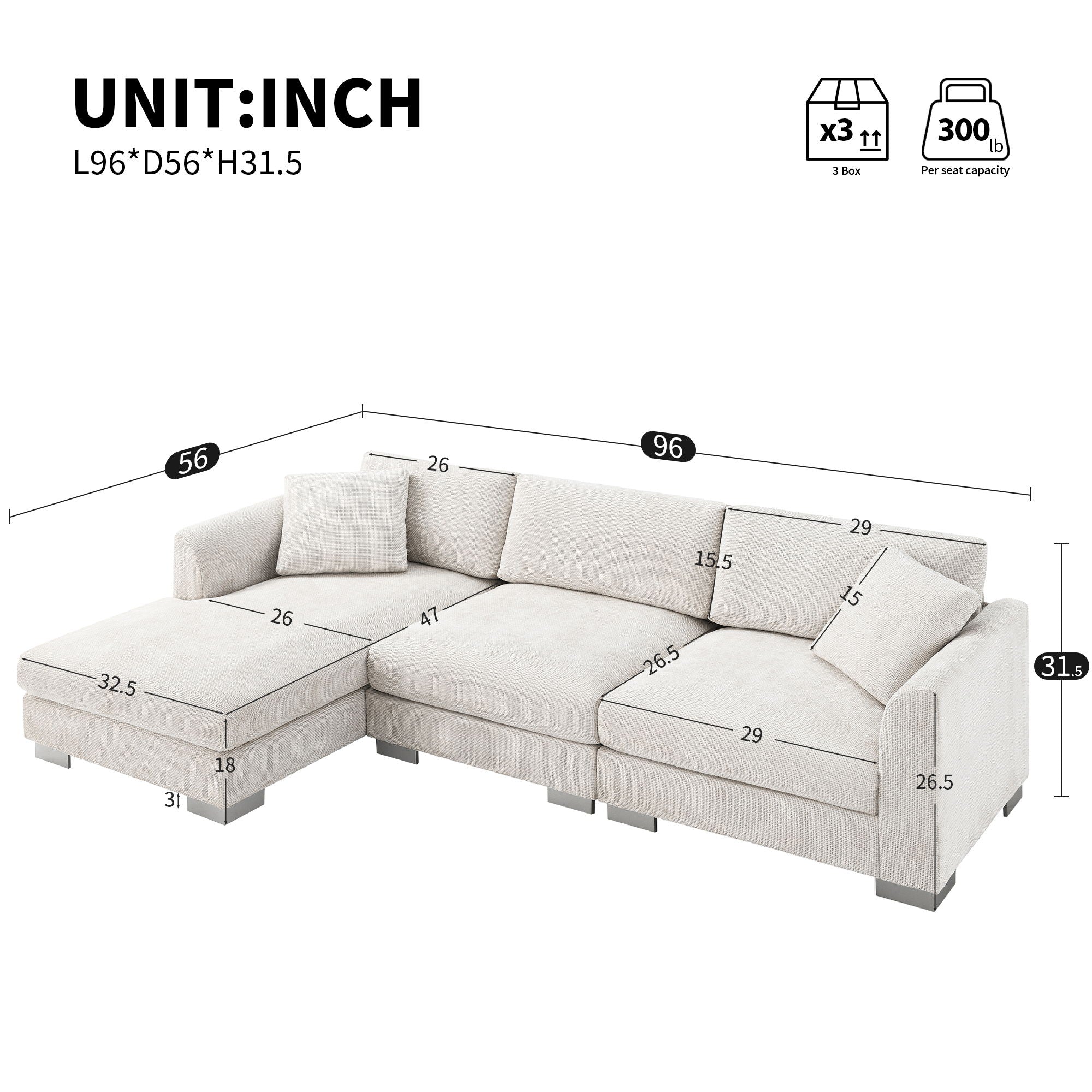 Modern Cloud Sectional Sofa L Shaped Luxury Couch Set With 2 Free Pillows 4 Seat With Oversized Chaise - Image 12