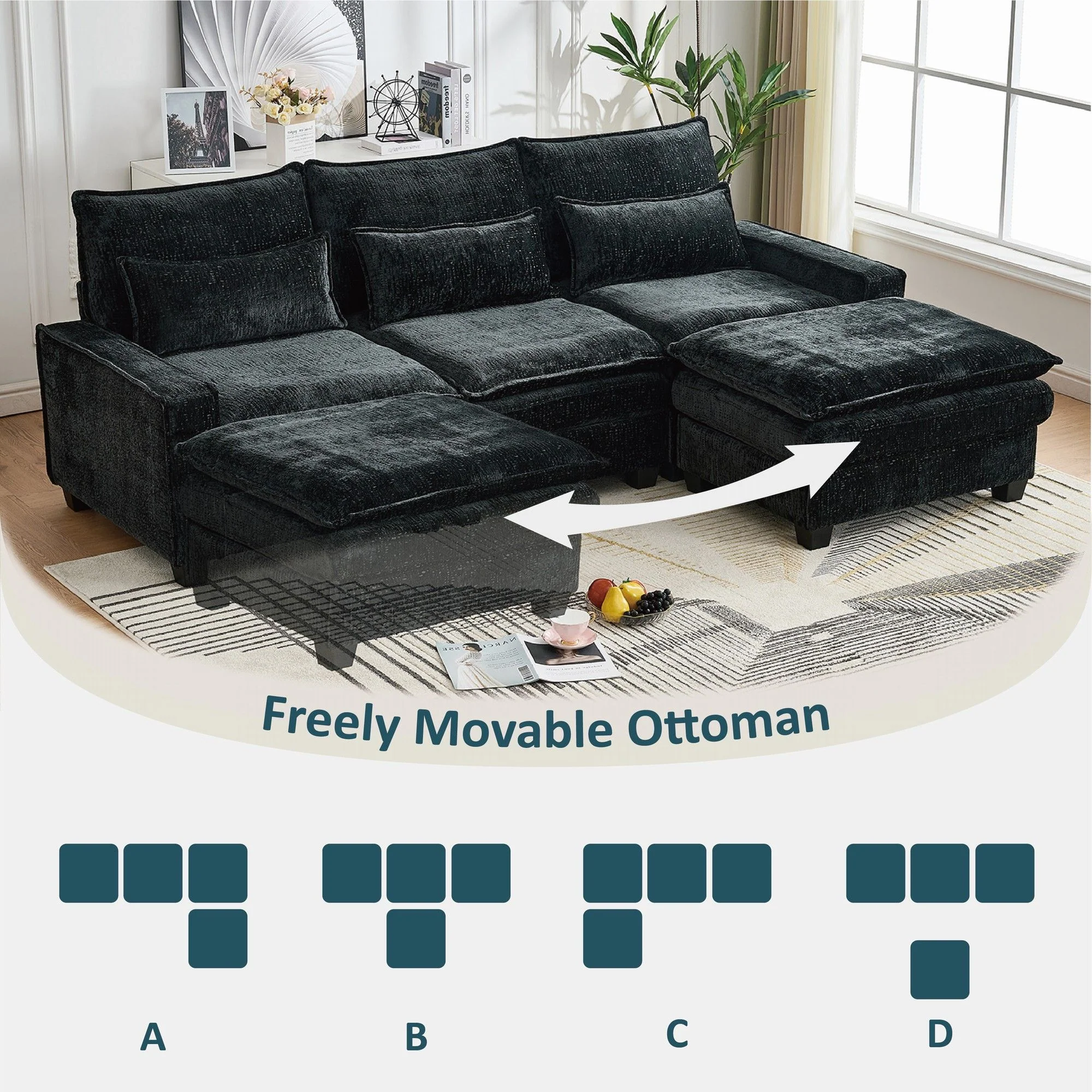 Modern Comfy L Shaped Sectional Sofa With Movable Ottoman - Image 4